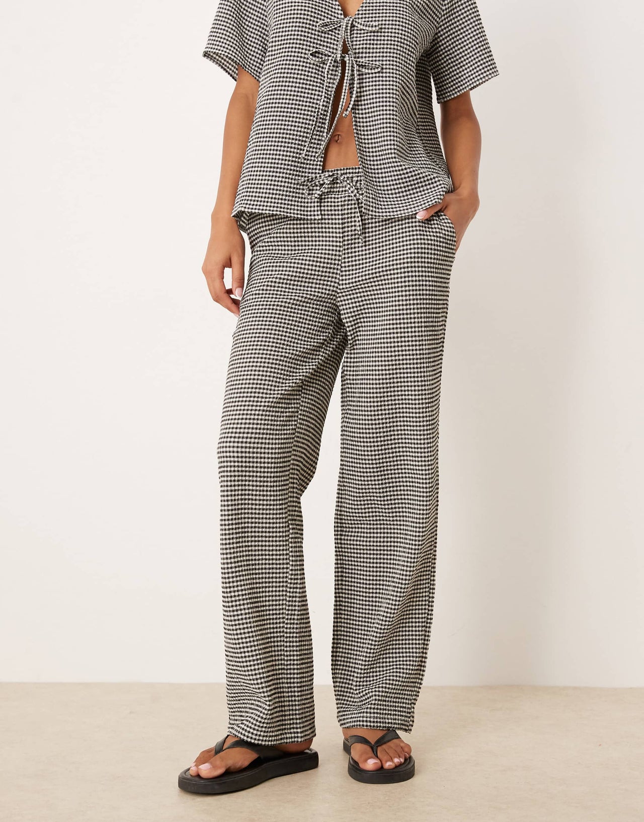 JDY seersucker wide leg trousers co-ord in black gingham