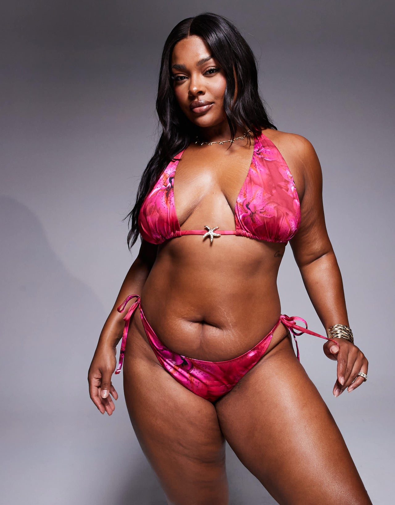 ASOS DESIGN Curve Rio floral print tie side bikini bottom in pink