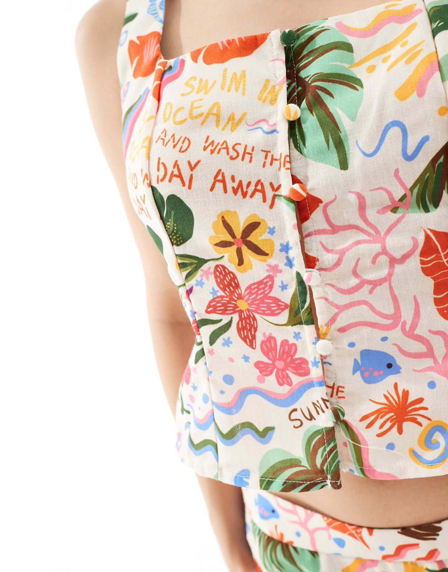 Vero Moda button front square neck top co-ord in conversational tropical print