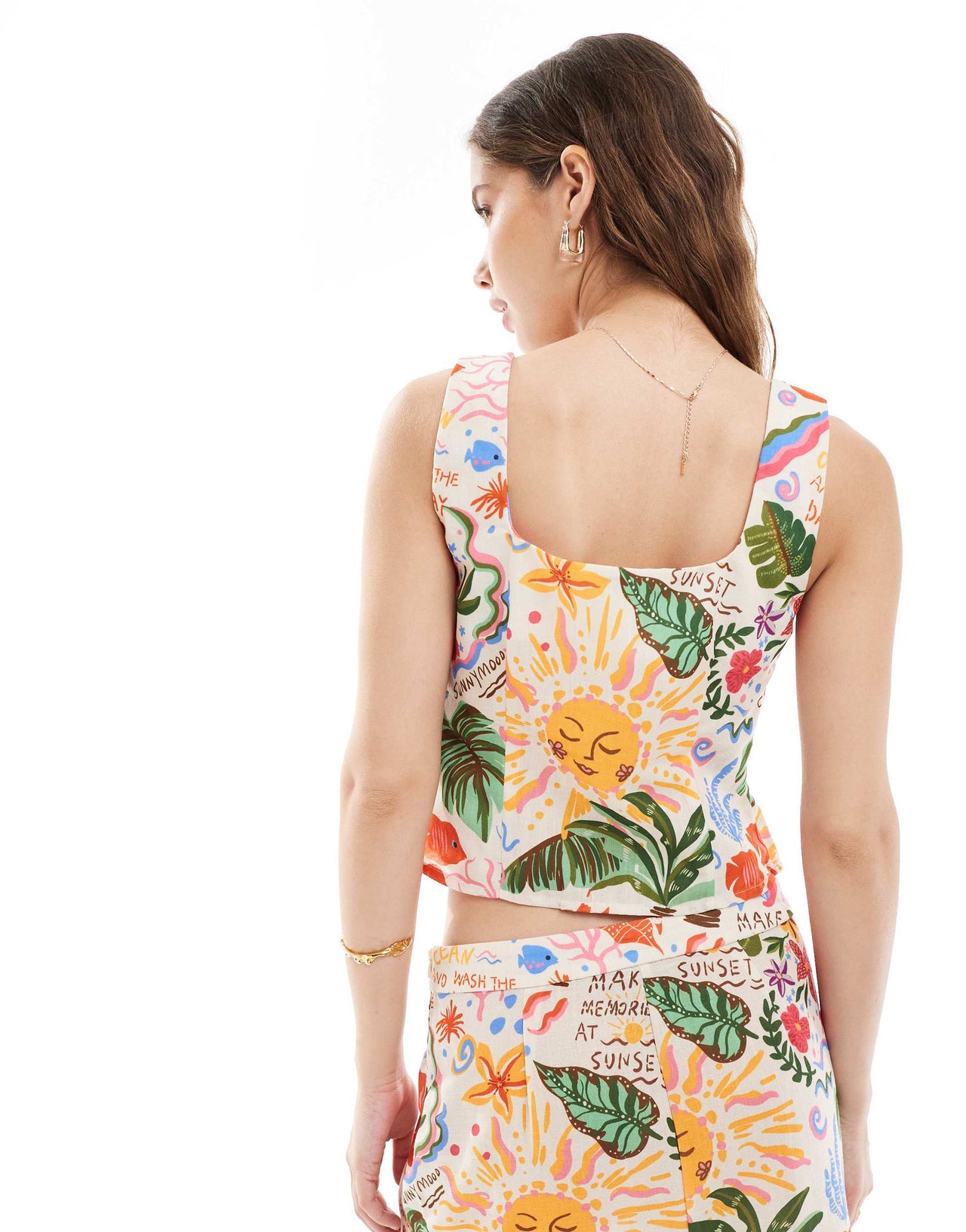 Vero Moda button front square neck top co-ord in conversational tropical print