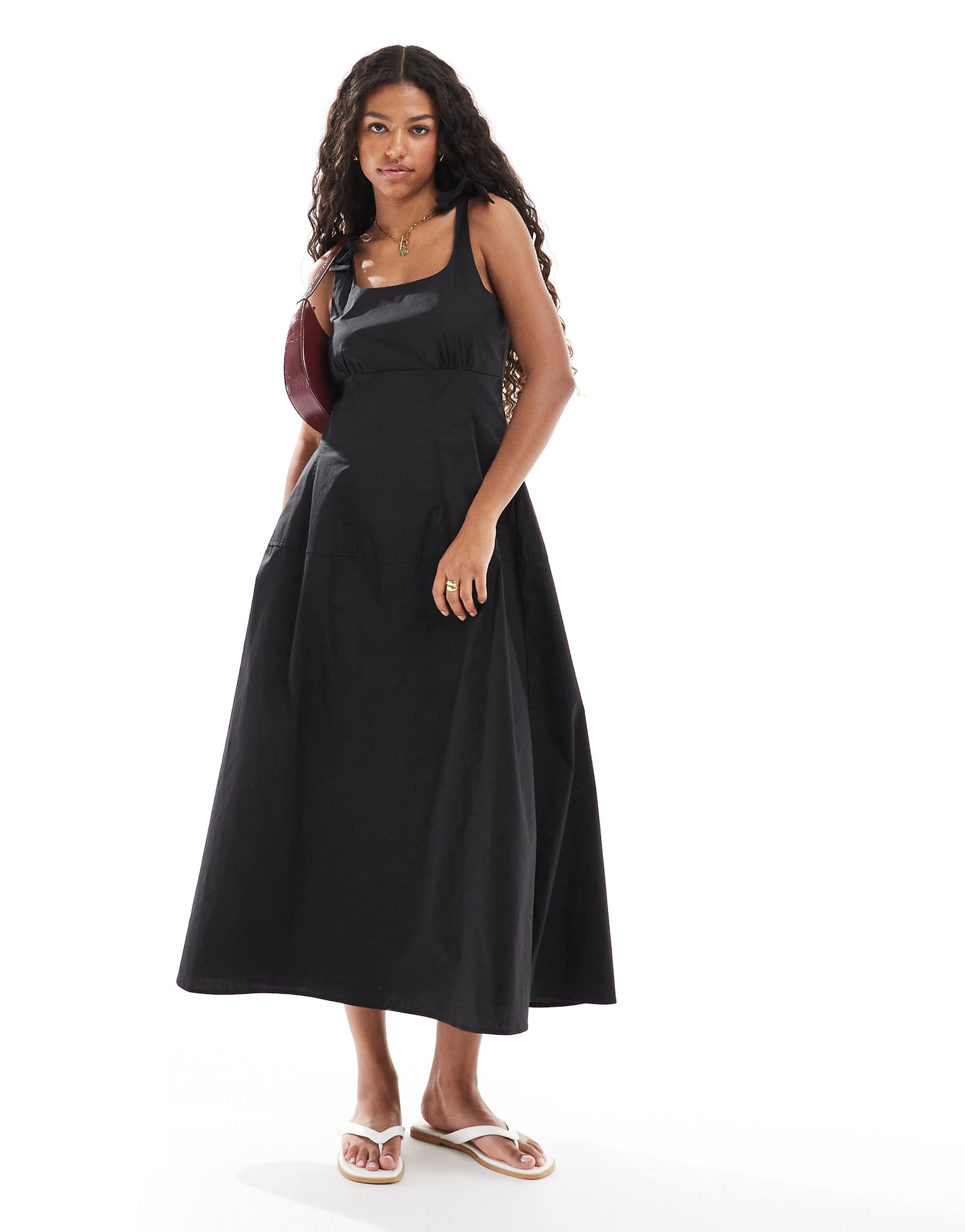Vero Moda tie shoulder structured poplin maxi dress in black