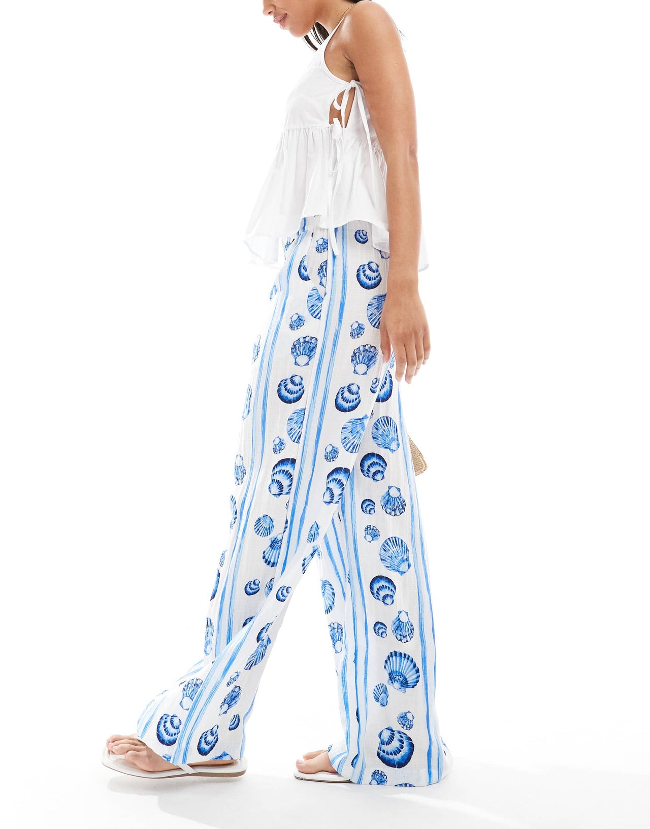 Vero Moda wide leg trousers in blue seashell print