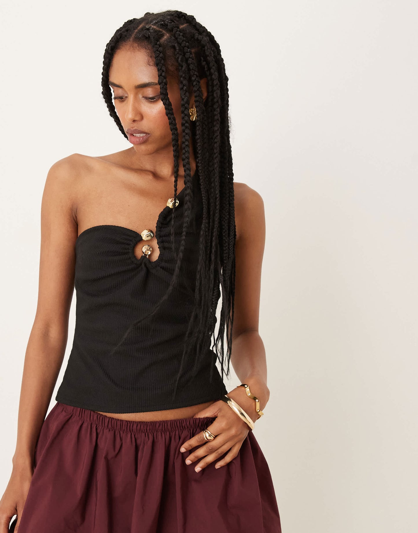 ASOS DESIGN rib one shoulder top with gold trim detail in black