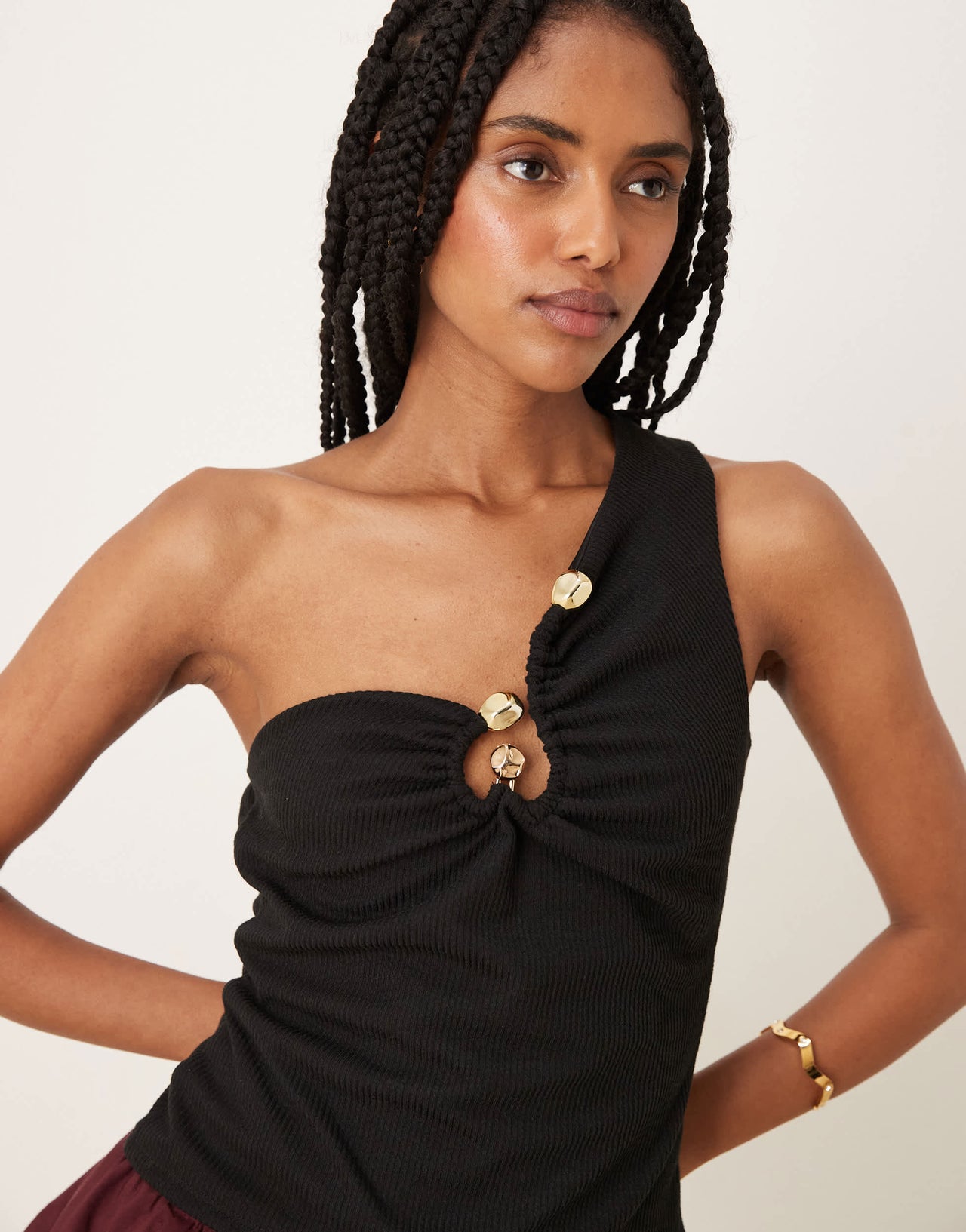 ASOS DESIGN rib one shoulder top with gold trim detail in black