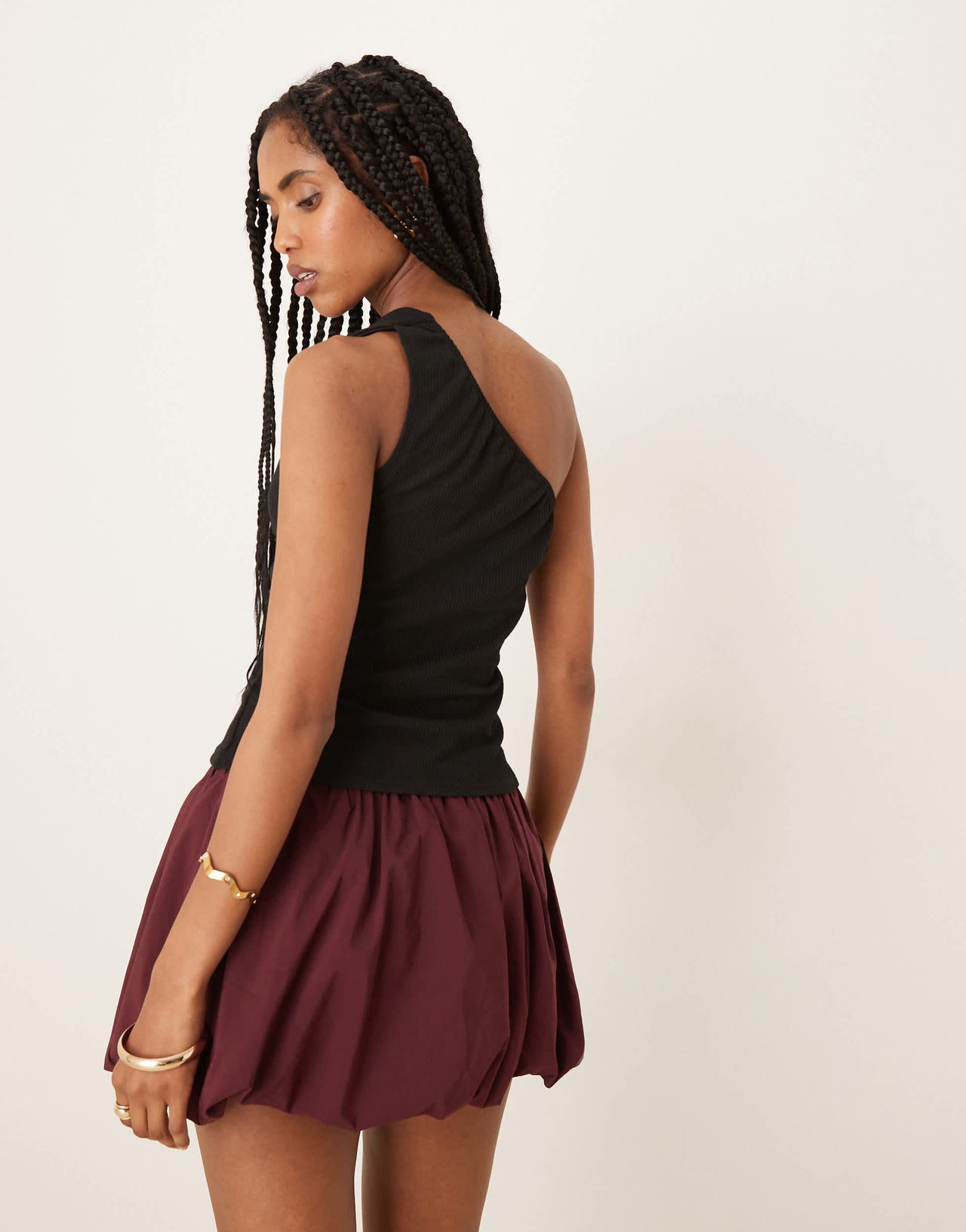 ASOS DESIGN rib one shoulder top with gold trim detail in black