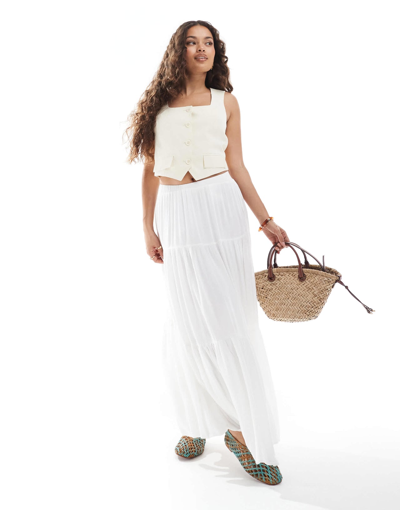 Stradivarius Petite boho midi skirt in white