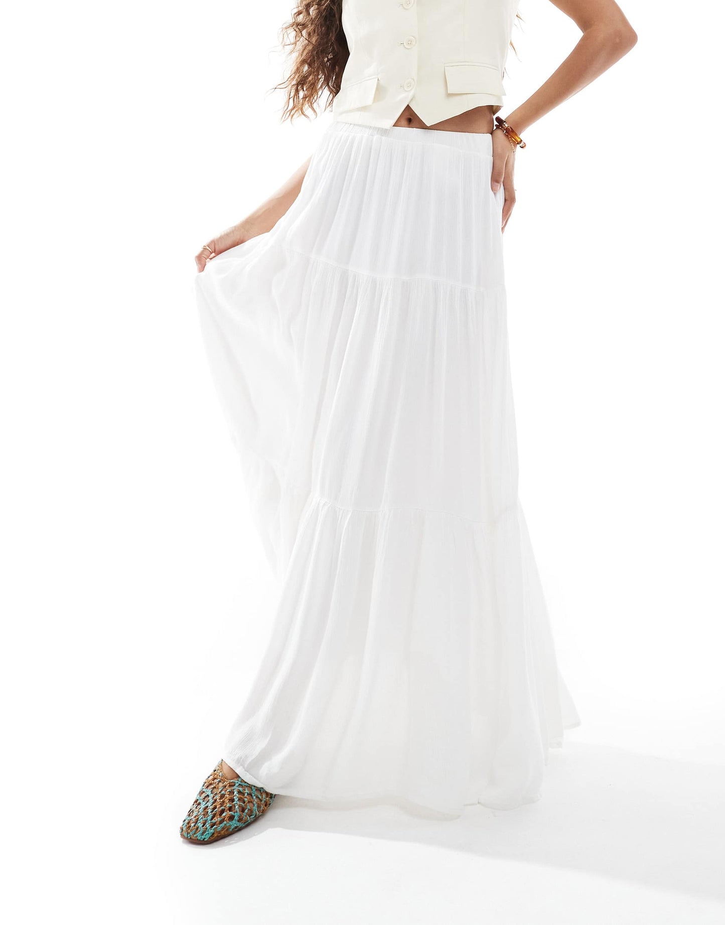 Stradivarius Petite boho midi skirt in white