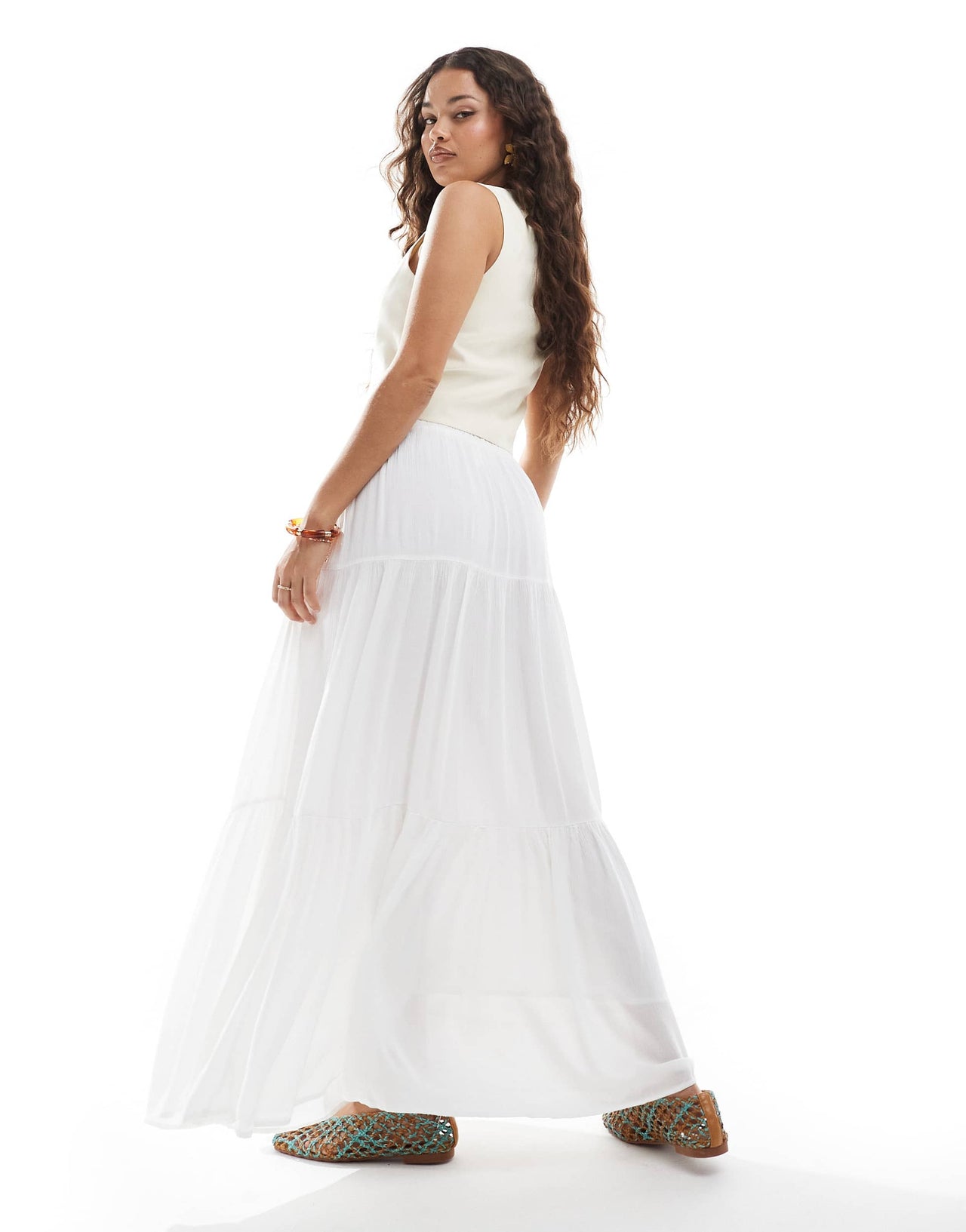 Stradivarius Petite boho midi skirt in white