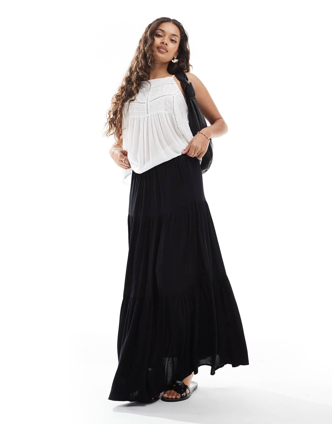 Stradivarius Petite boho midi skirt in black
