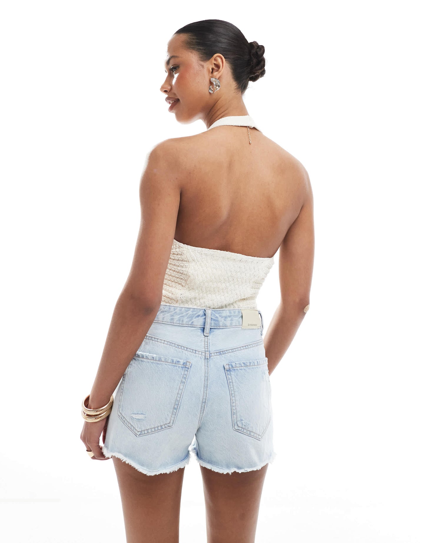 Stradivarius ripped denim short in bleach wash