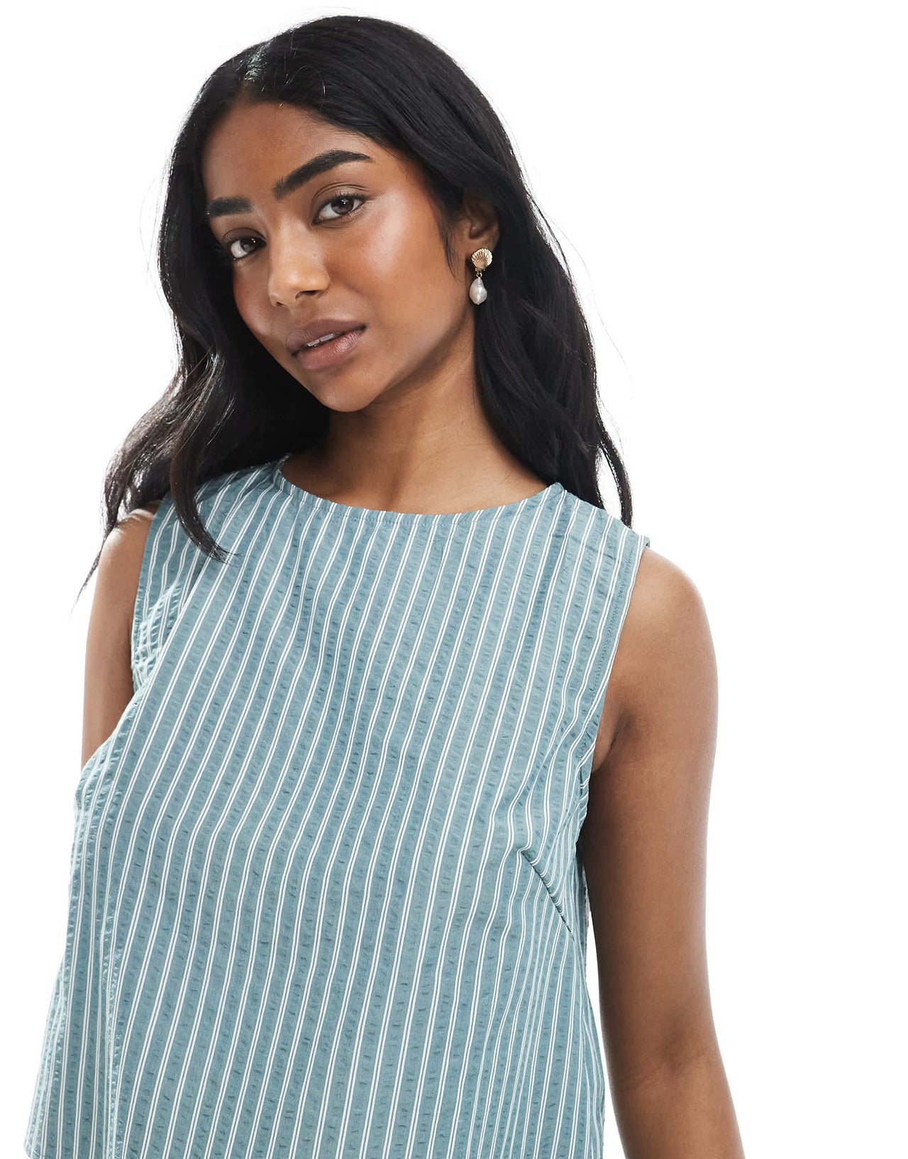 Daisy Street boxy chuck on top in blue stripe co-ord