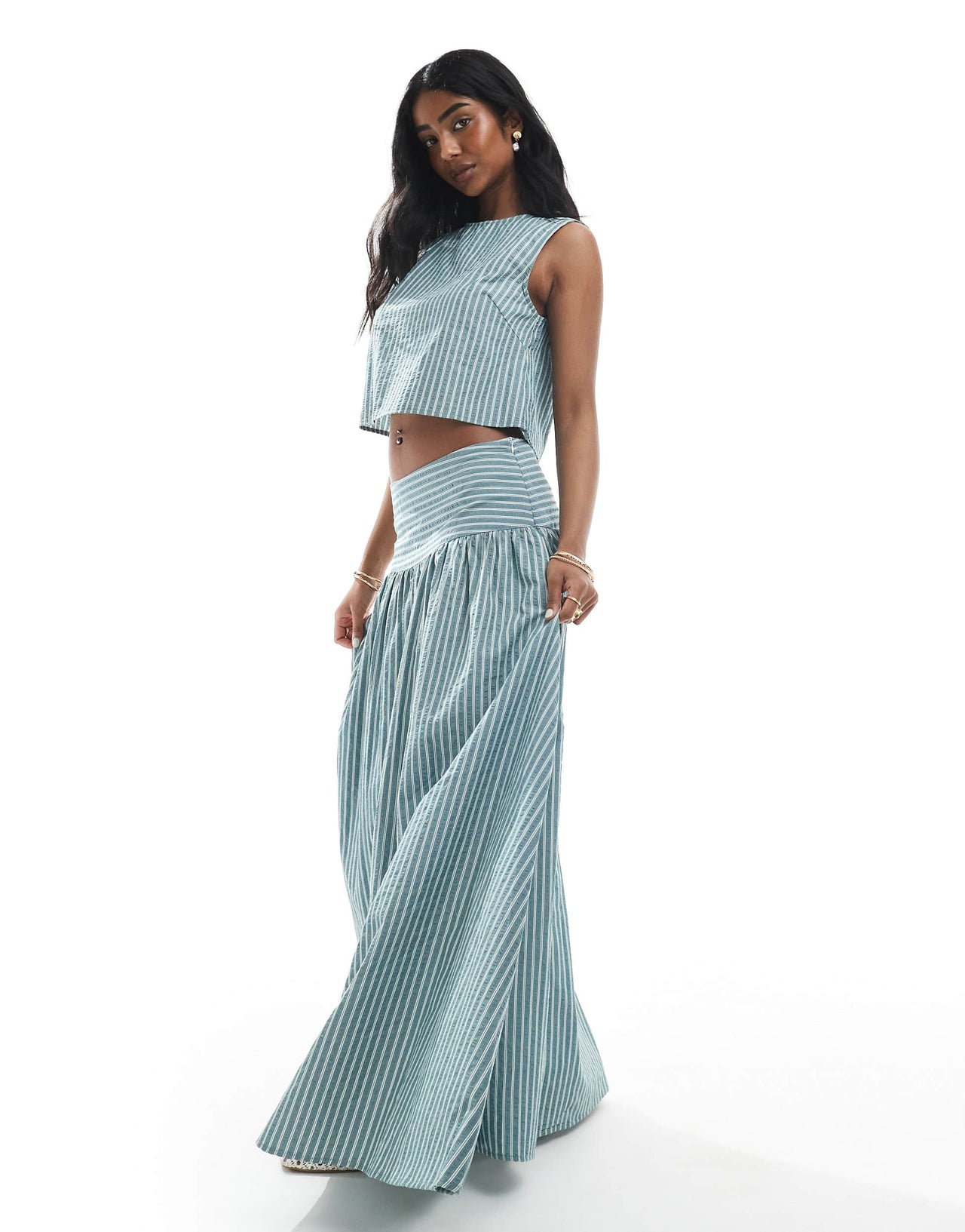 Daisy Street boxy chuck on top in blue stripe co-ord