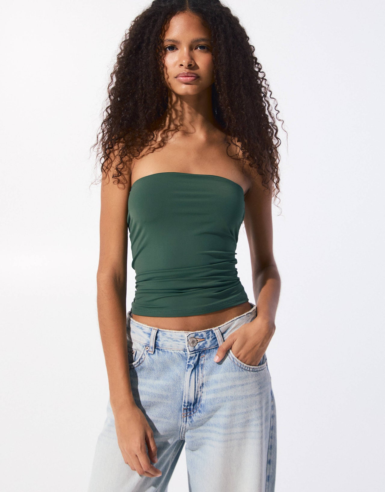 Pull&Bear 2 pack polyamide second skin bandeau top in green & grey
