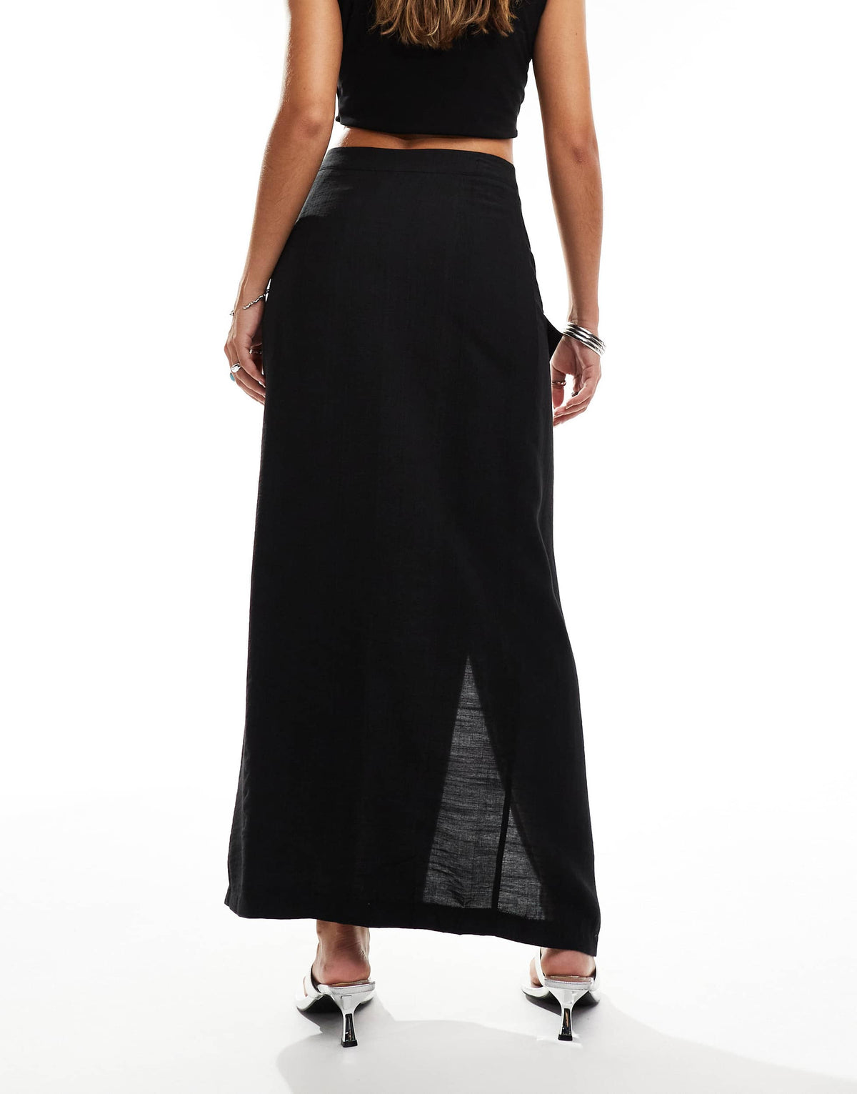 Kaiia exclusive linen look buckle detail maxi skirt in black
