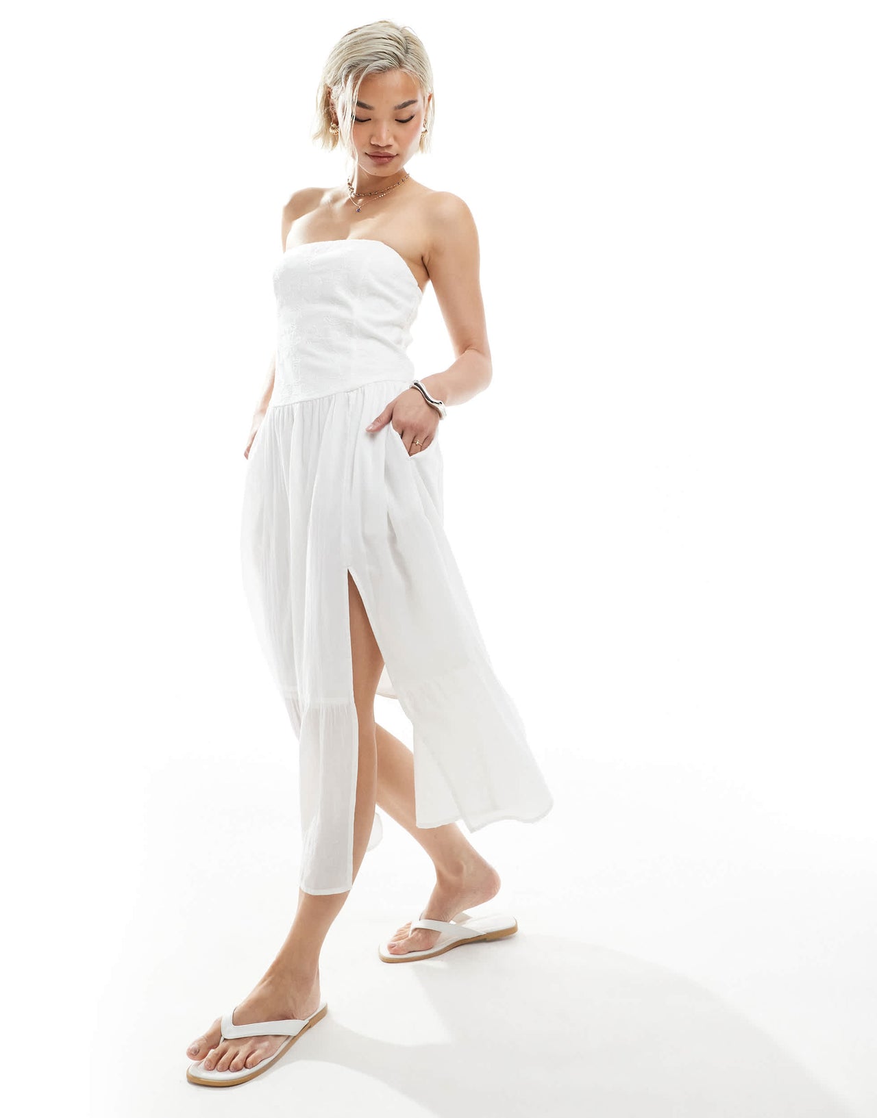Hollister strapless drop waist textured midi dress with a slit in white