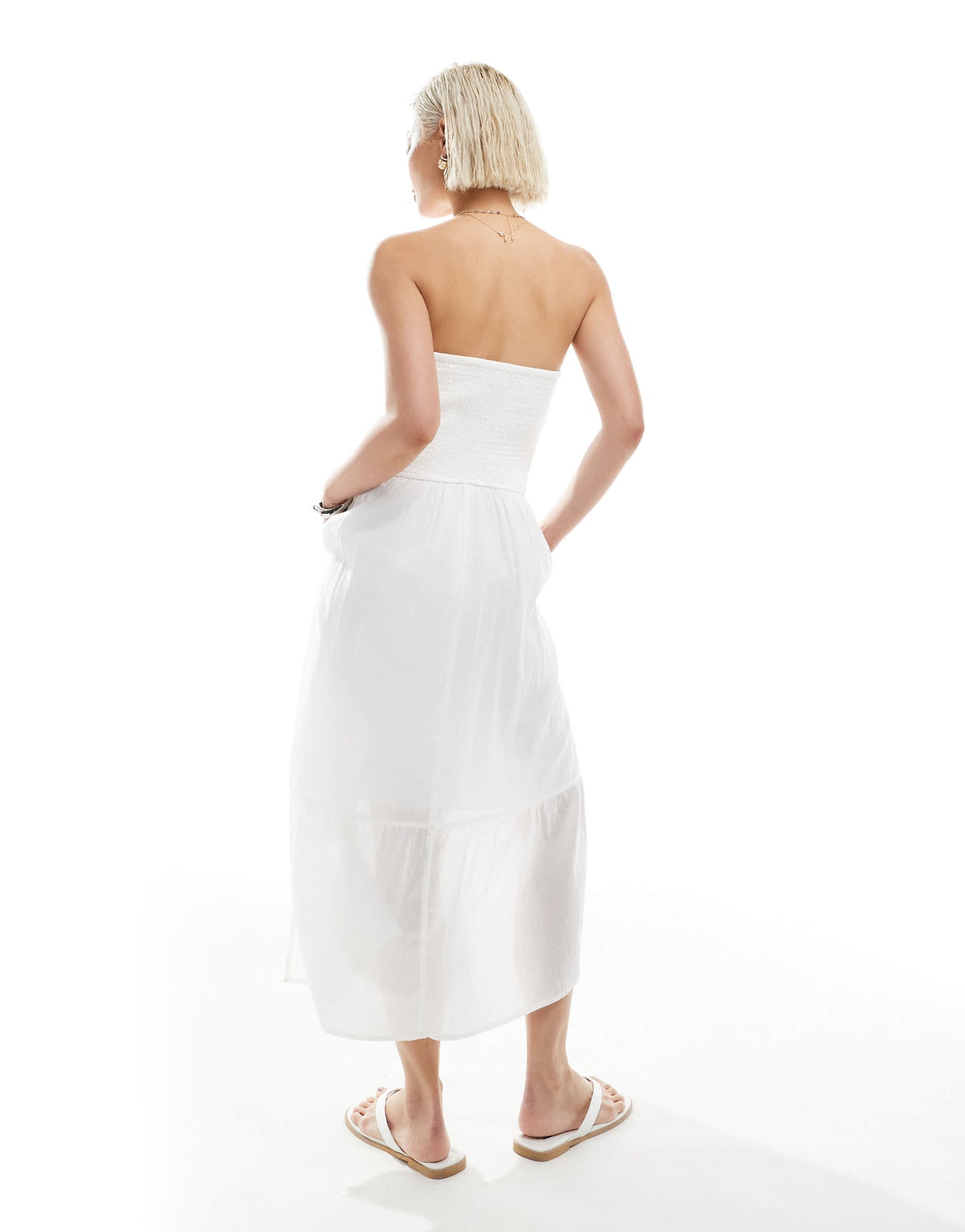 Hollister strapless drop waist textured midi dress with a slit in white