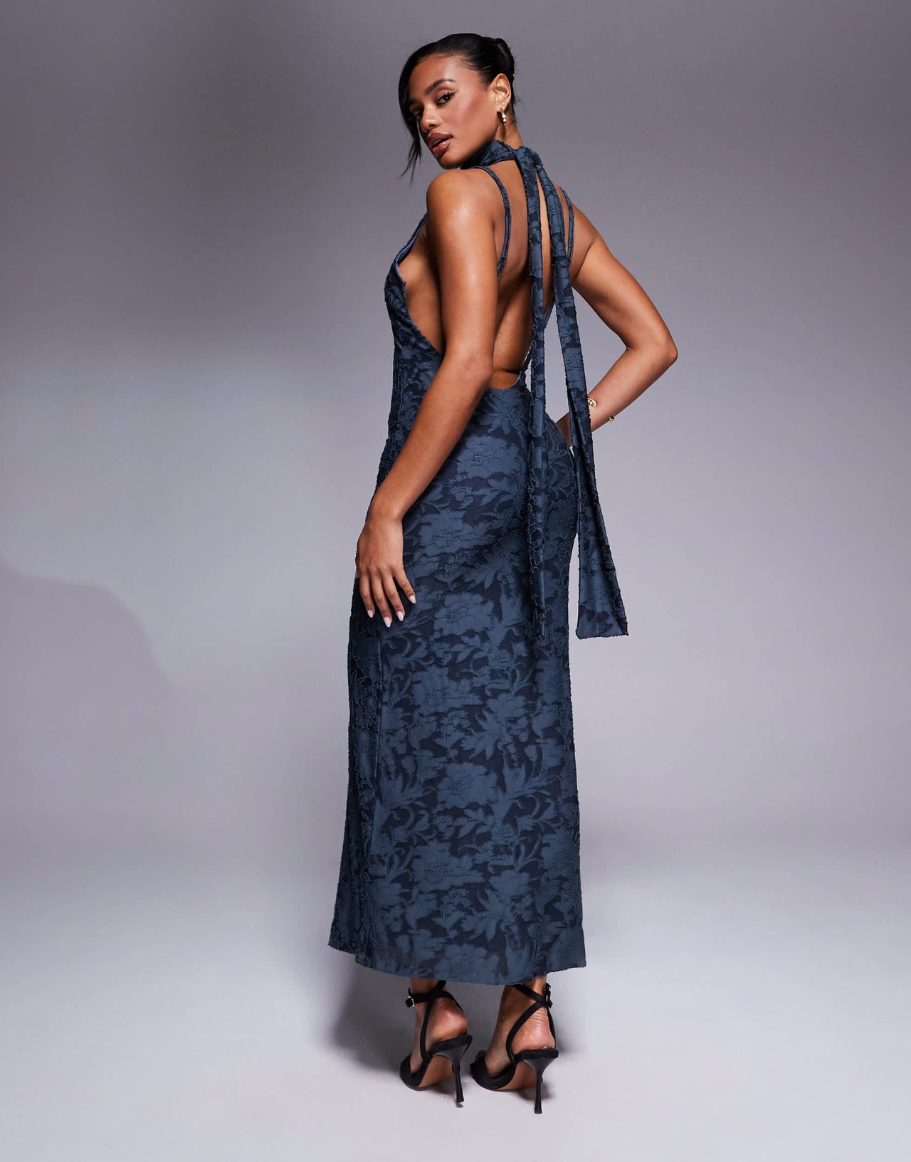 ASOS DESIGN halter neck with open back with drape detail devore maxi dress in blue