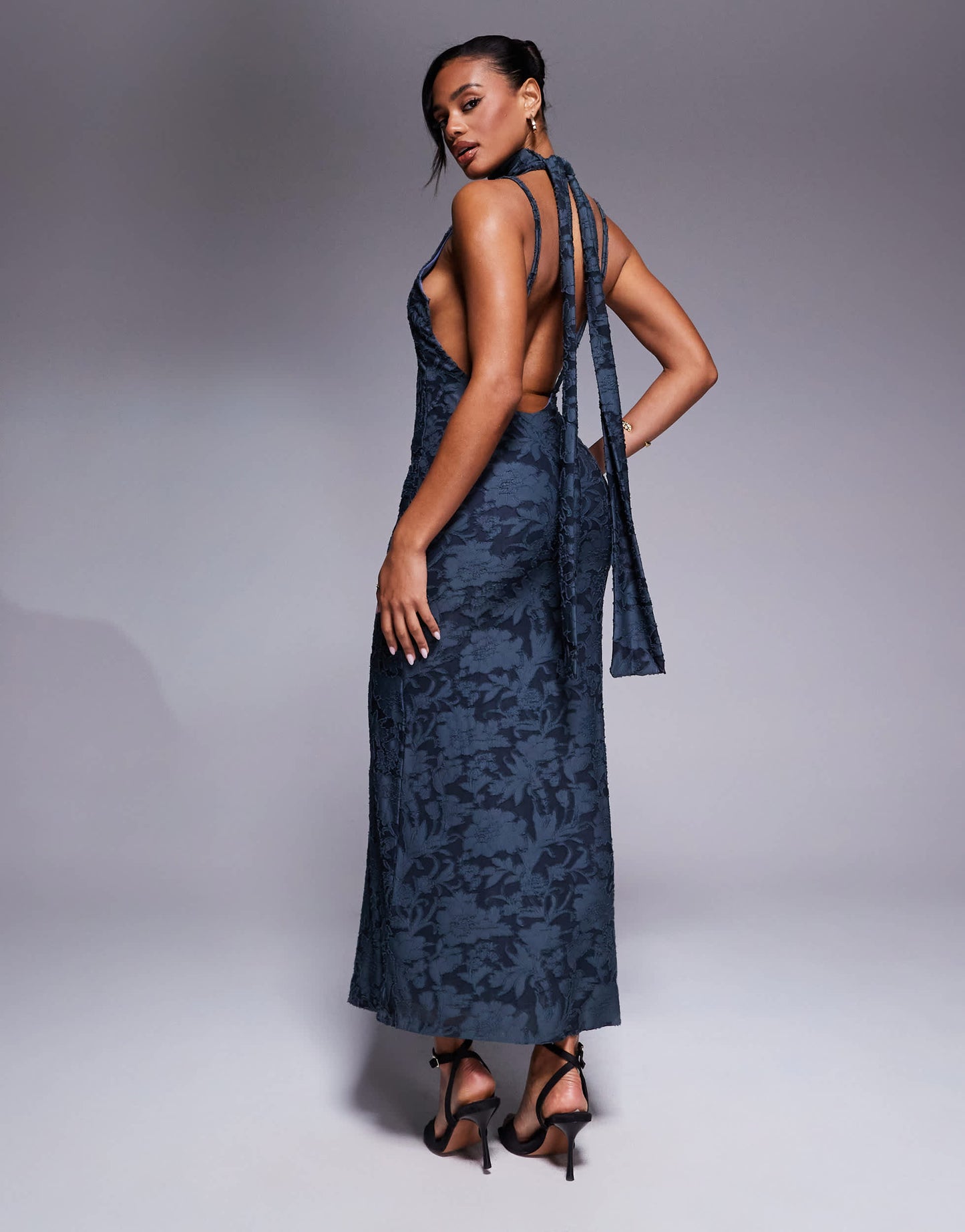 ASOS DESIGN halter neck with open back with drape detail devore maxi dress in blue