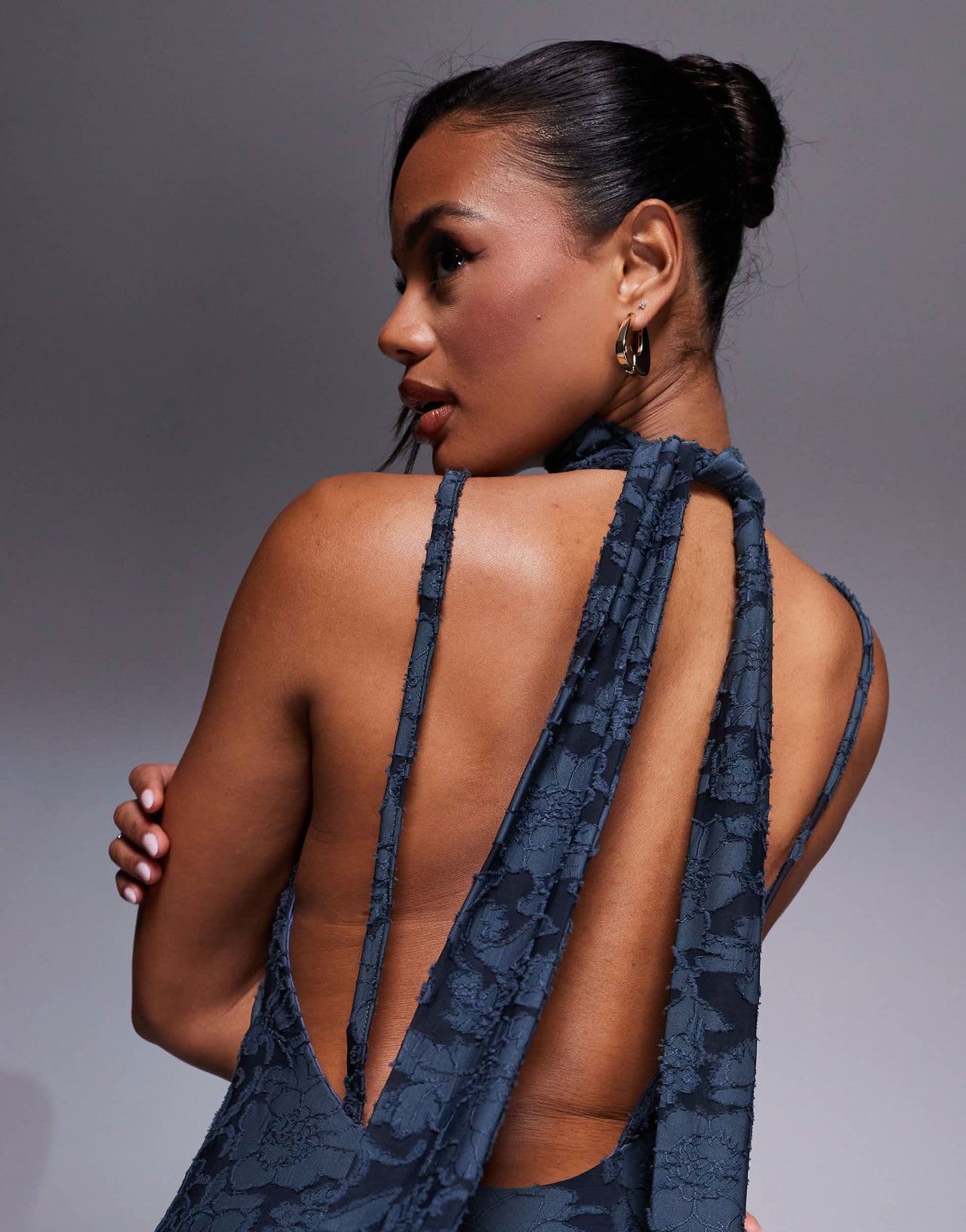 ASOS DESIGN halter neck with open back with drape detail devore maxi dress in blue