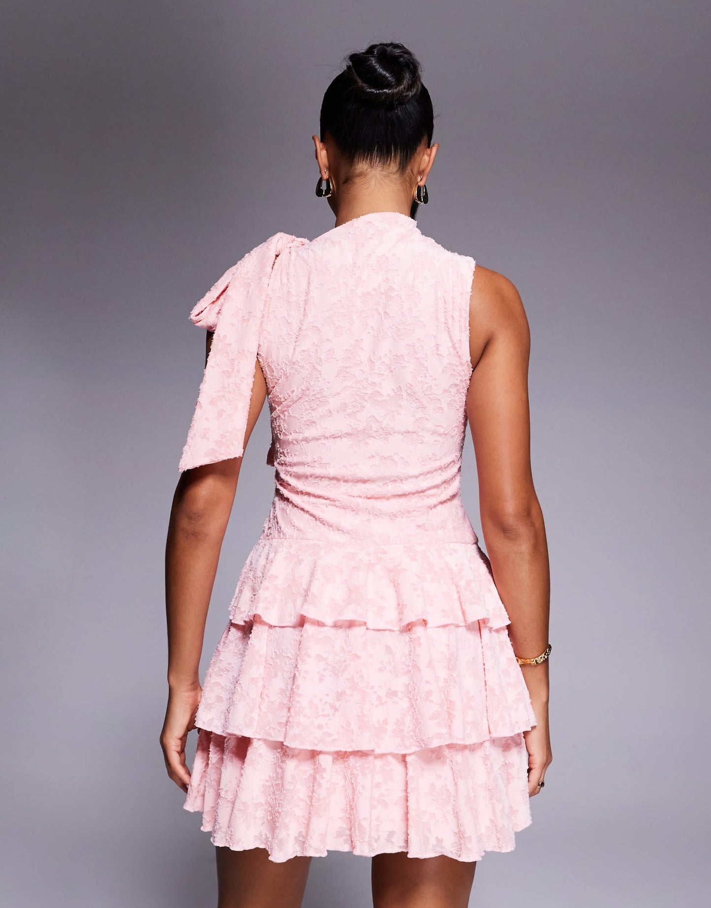 ASOS DESIGN sleeveless with tie detail devore mini dress with ruffles in light pink