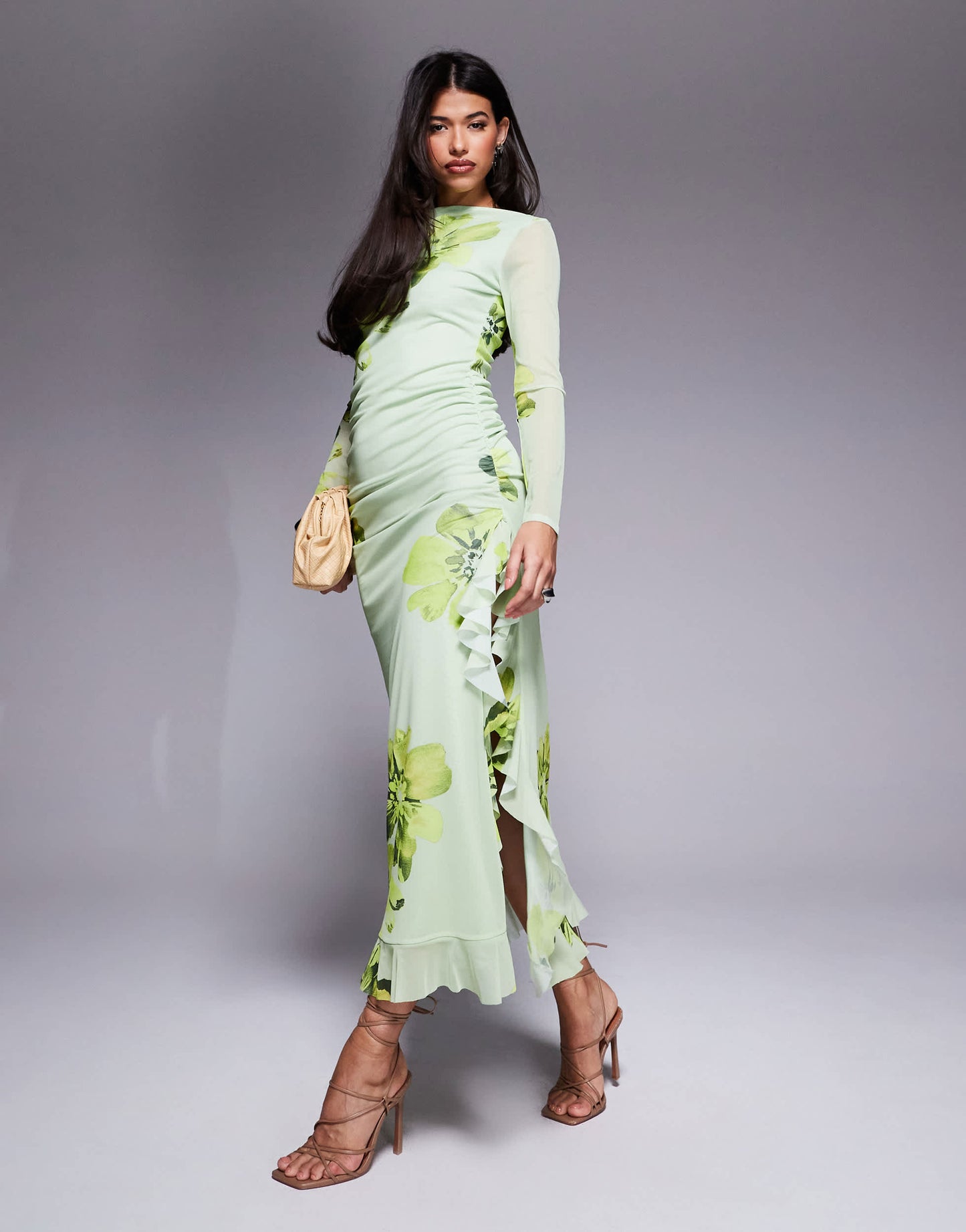 ASOS DESIGN mesh long sleeve frill detail a line maxi dress in green floral print