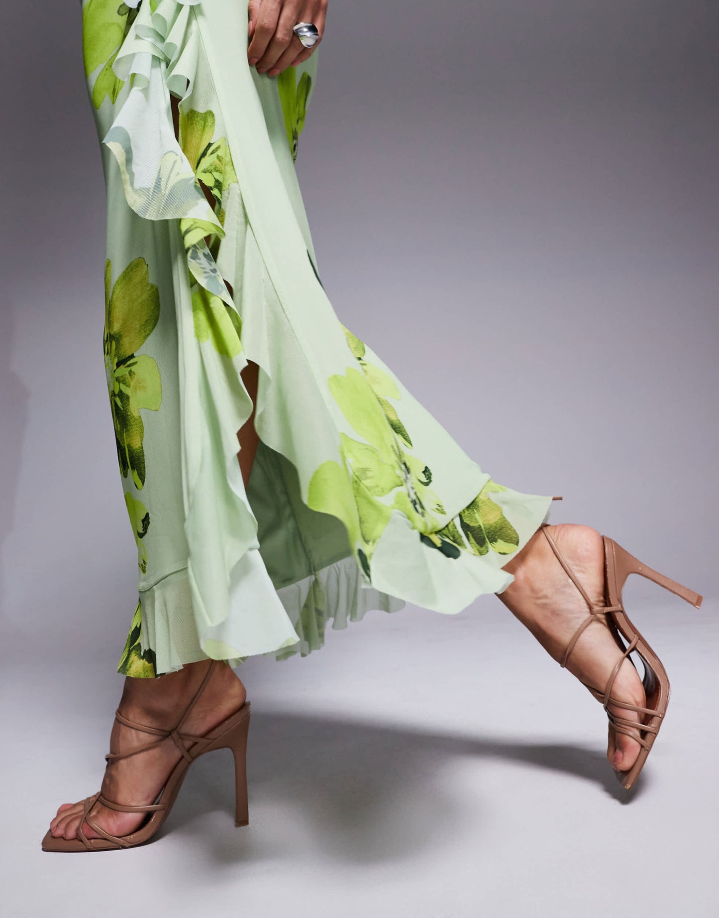 ASOS DESIGN mesh long sleeve frill detail a line maxi dress in green floral print