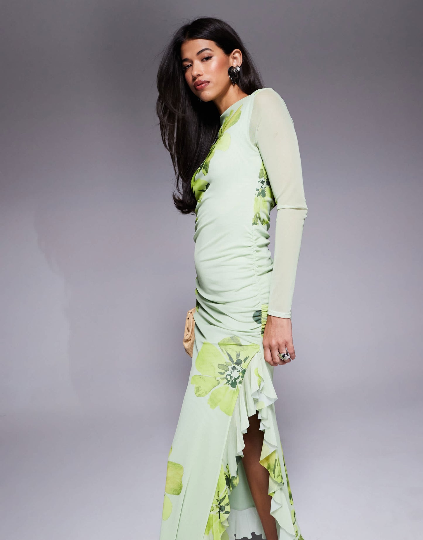 ASOS DESIGN mesh long sleeve frill detail a line maxi dress in green floral print