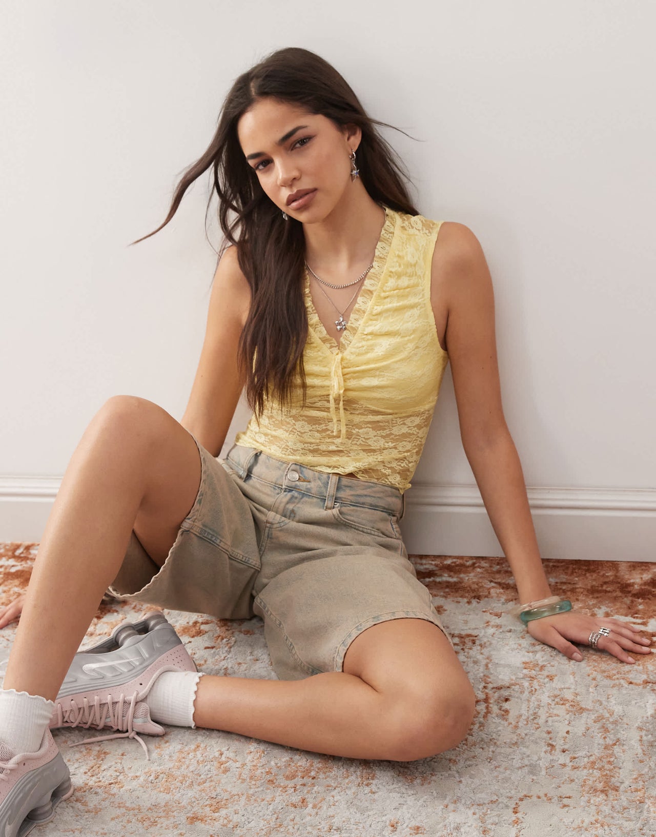 Reclaimed Vintage lace tie detail tank in butter yellow