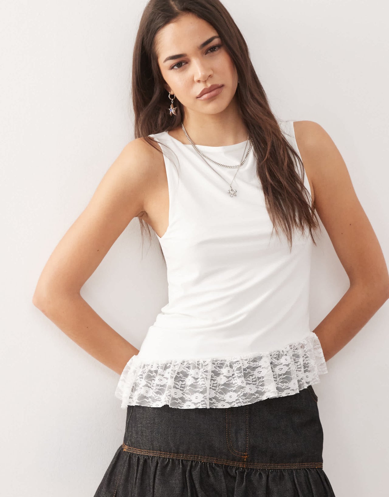 Reclaimed Vintage slash neck top with lace detail asymmetric hem in cream