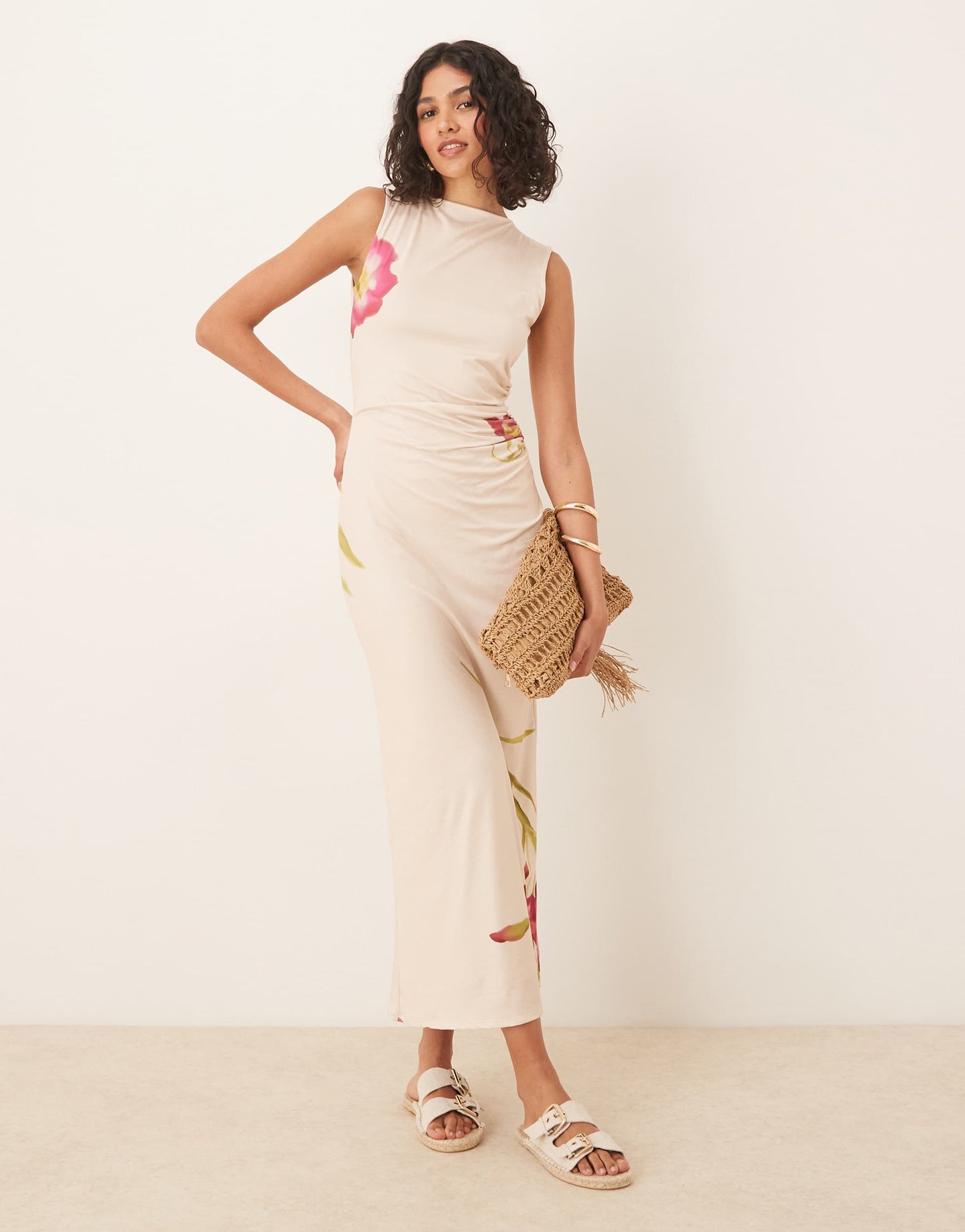 ASOS DESIGN sleeveless midi dress in cream with placement flowers