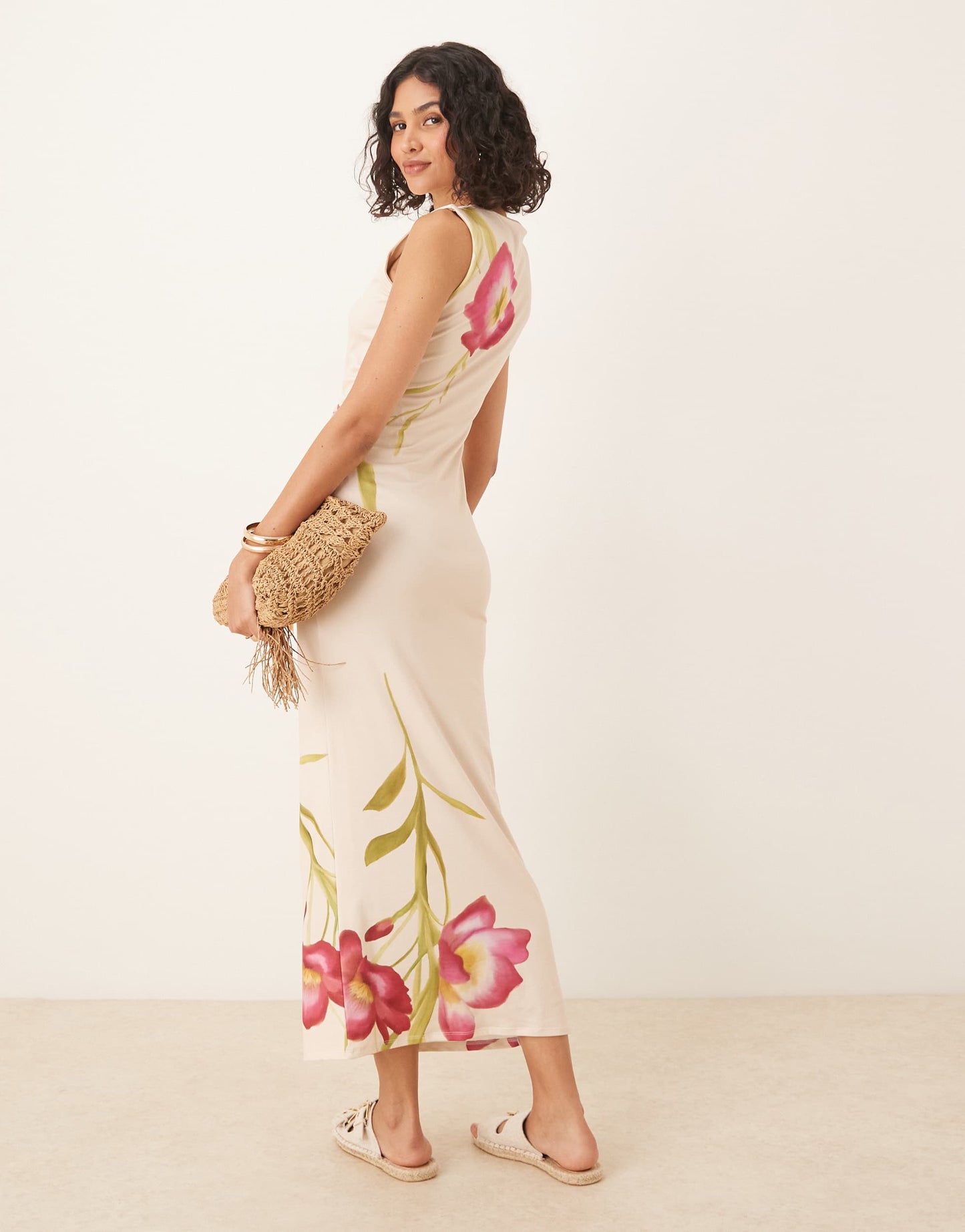 ASOS DESIGN sleeveless midi dress in cream with placement flowers