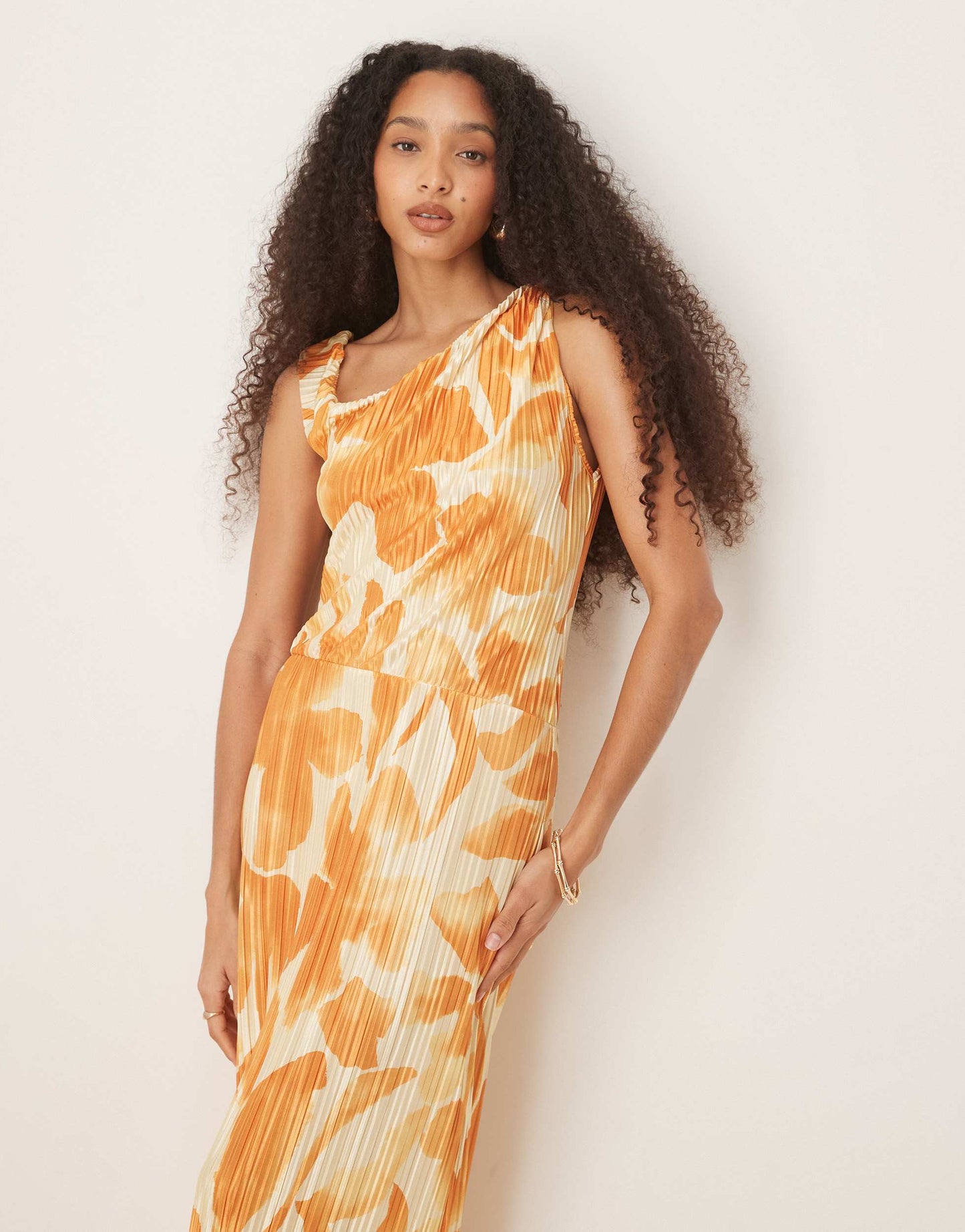 ASOS DESIGN plisse fallen shoulder midi dress in orange flower print