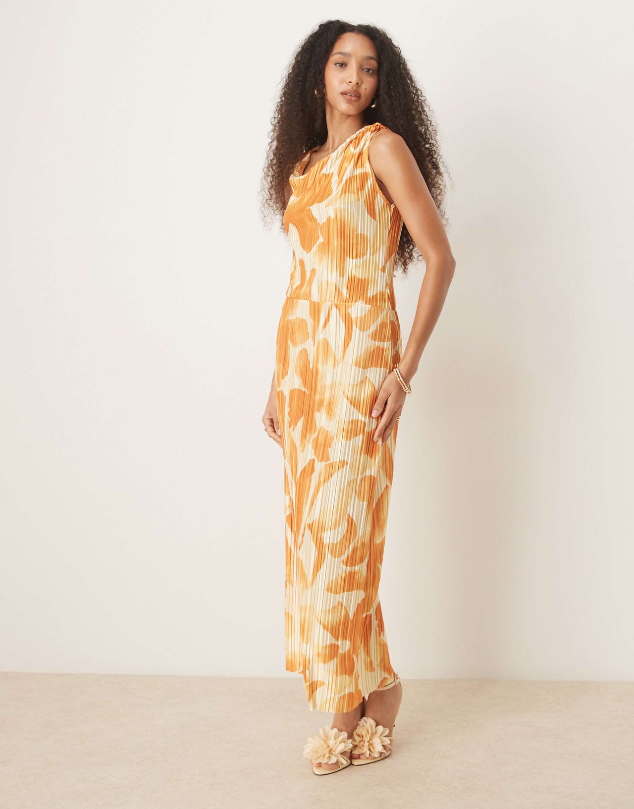 ASOS DESIGN plisse fallen shoulder midi dress in orange flower print