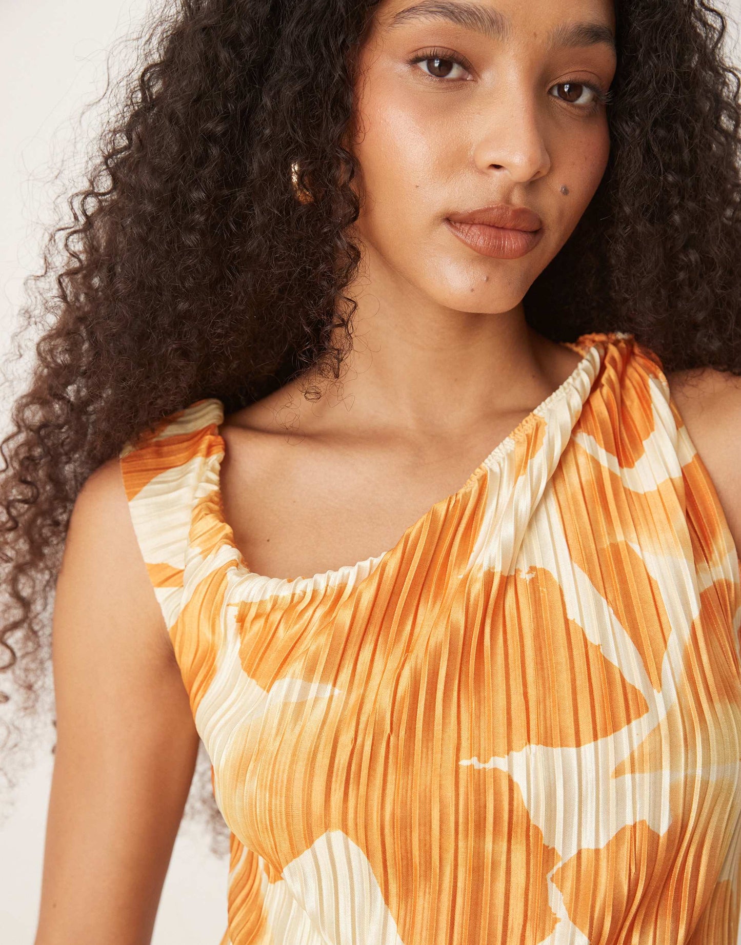 ASOS DESIGN plisse fallen shoulder midi dress in orange flower print