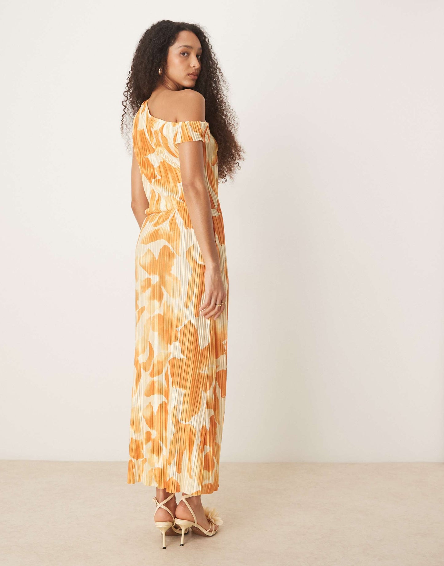 ASOS DESIGN plisse fallen shoulder midi dress in orange flower print