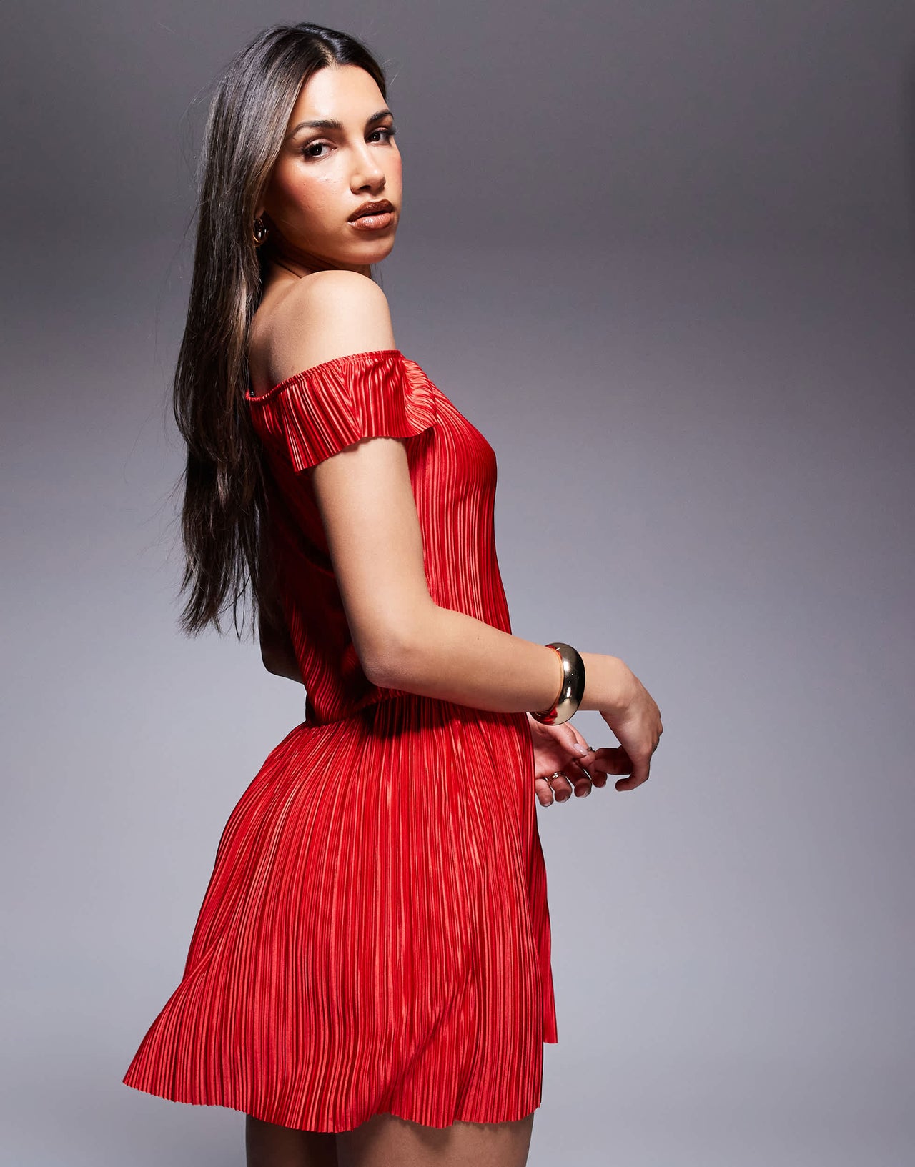 ASOS DESIGN plisse fallen shoulder mini dress in red