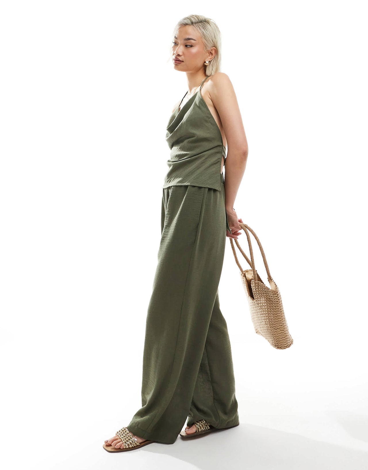 Vero Moda linen look high waist wide leg trouser co-ord in herb green - LGREEN