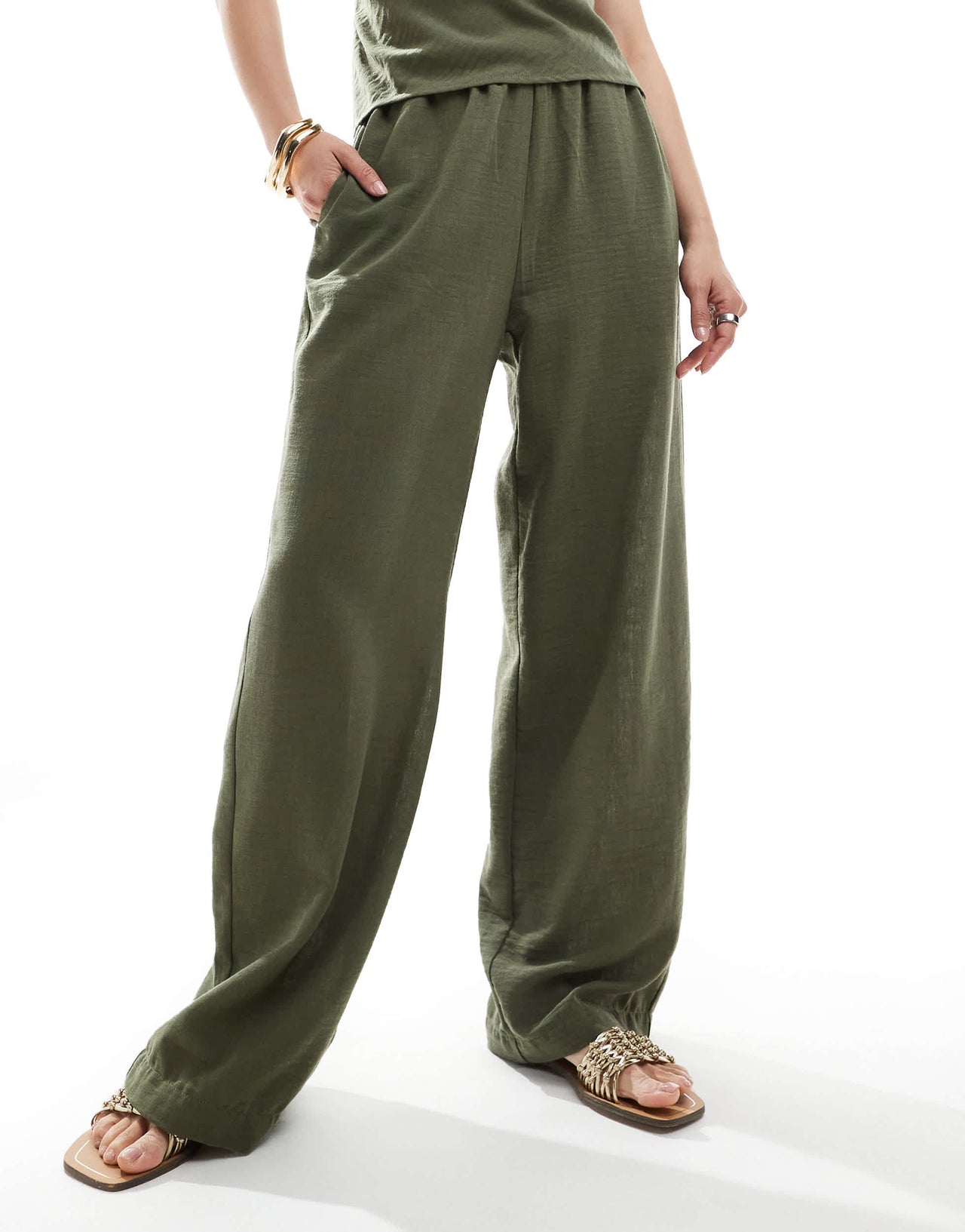 Vero Moda linen look high waist wide leg trouser co-ord in herb green - LGREEN