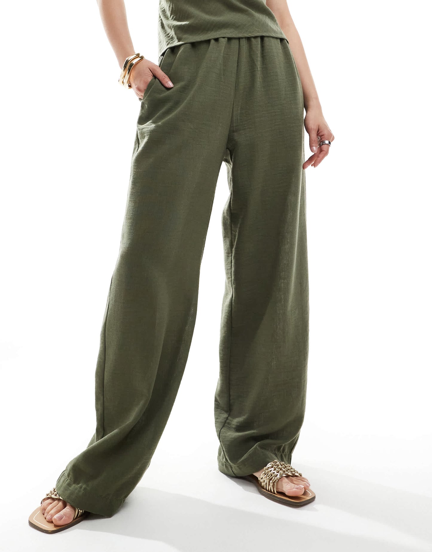 Vero Moda linen look high waist wide leg trouser co-ord in herb green - LGREEN