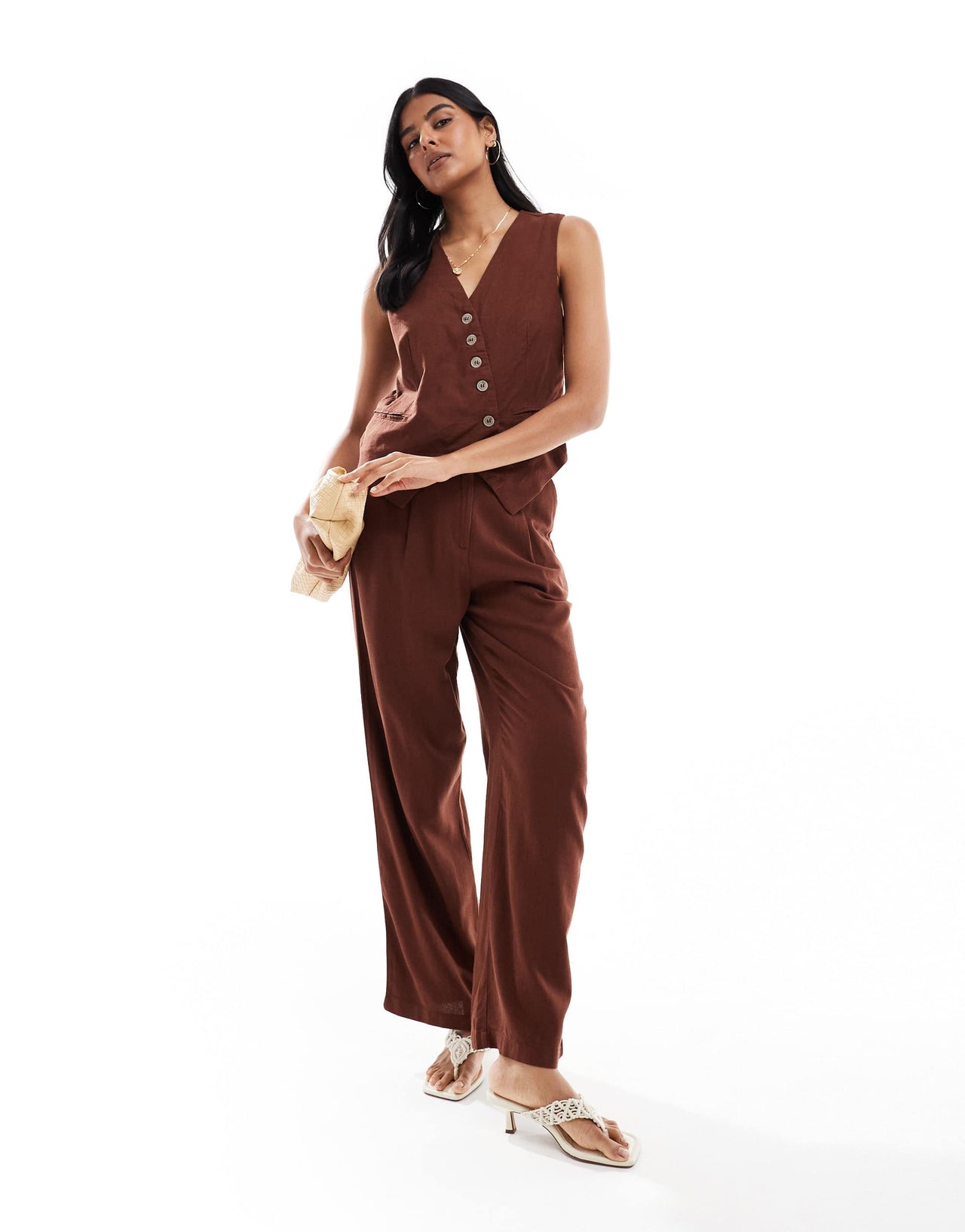 Vero Moda linen touch asymmetric button front waistcoat co-ord in chocolate