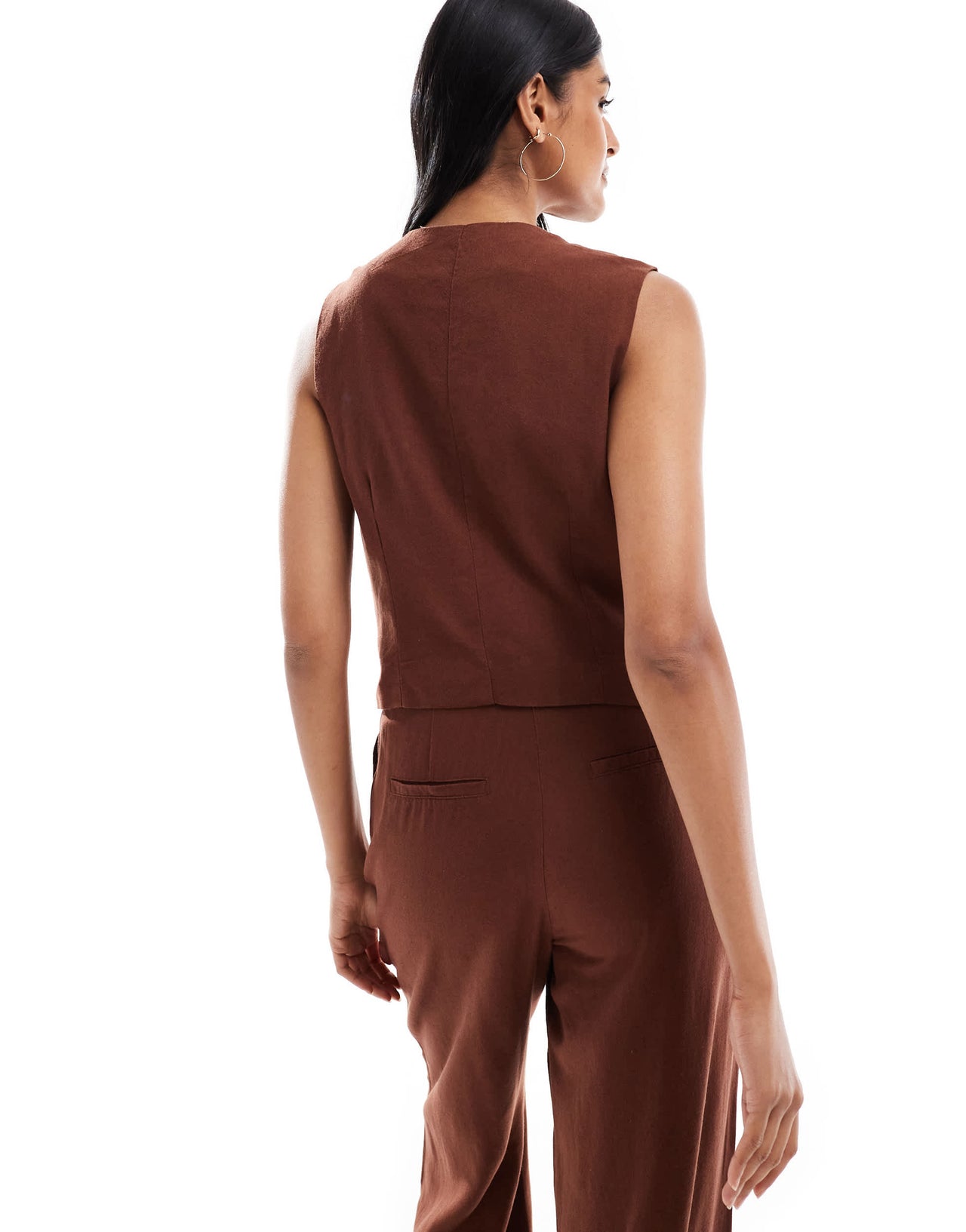 Vero Moda linen touch asymmetric button front waistcoat co-ord in chocolate