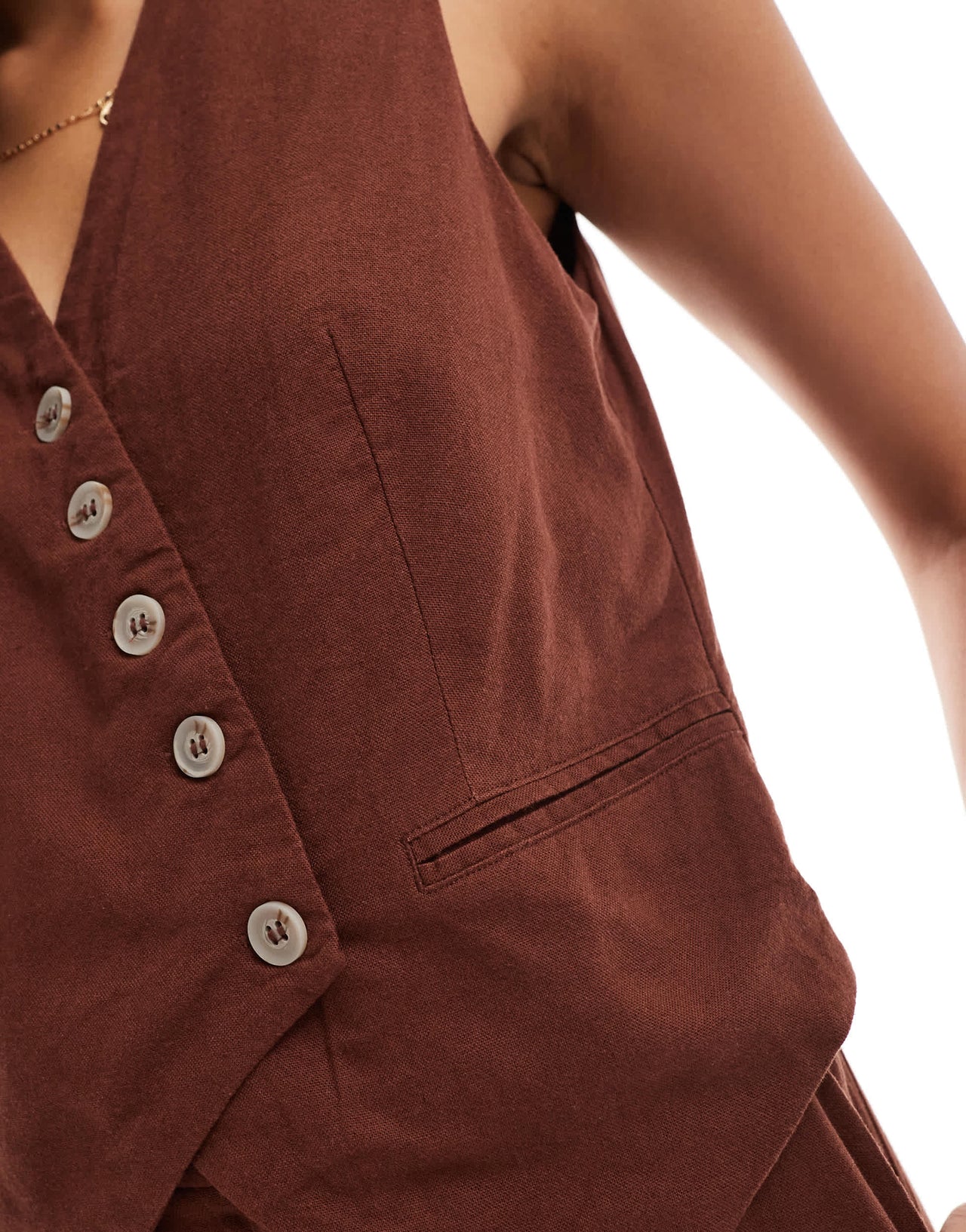 Vero Moda linen touch asymmetric button front waistcoat co-ord in chocolate