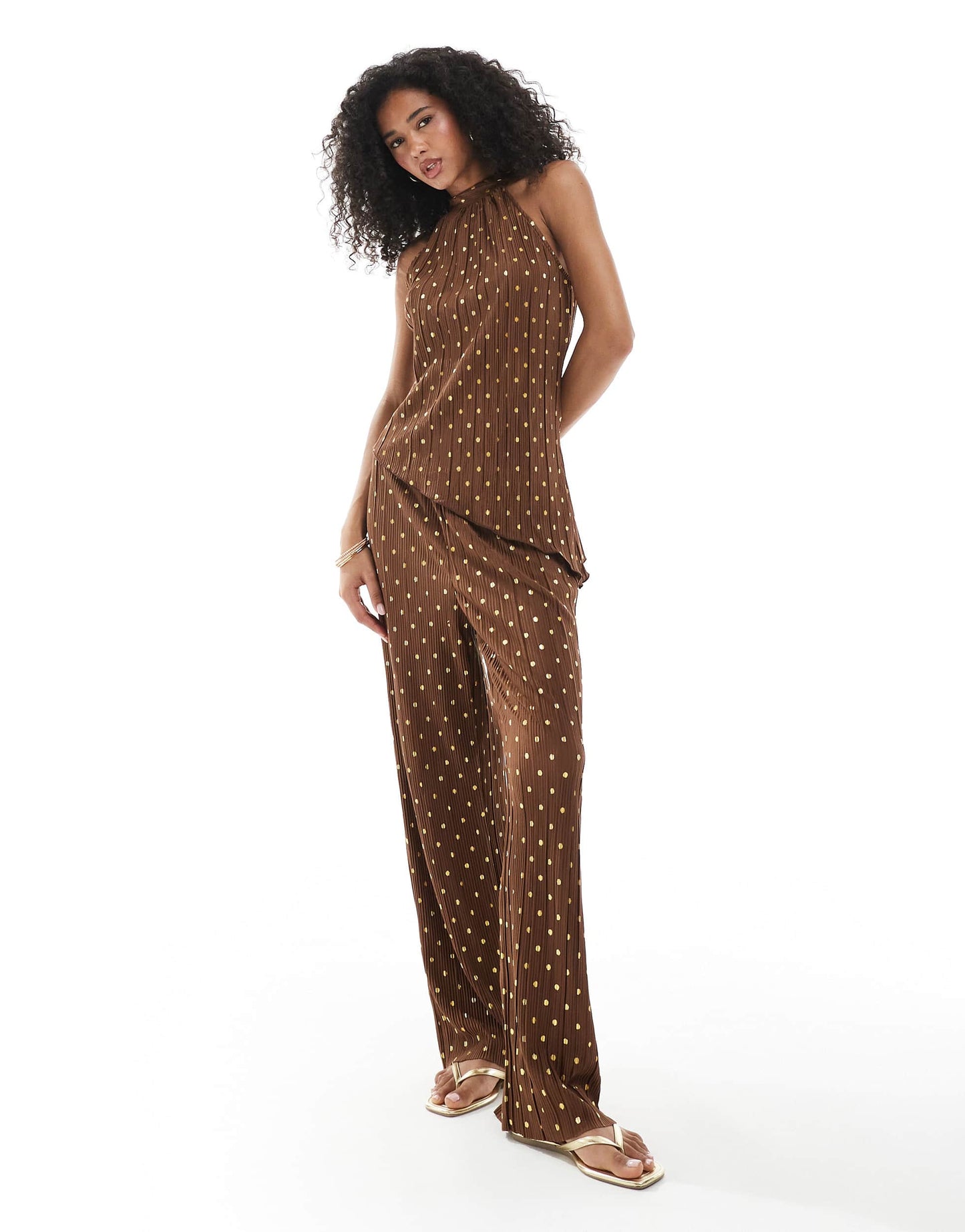Vero Moda plisse high neck asymmetric hem top co-ord in chocolate and gold spot