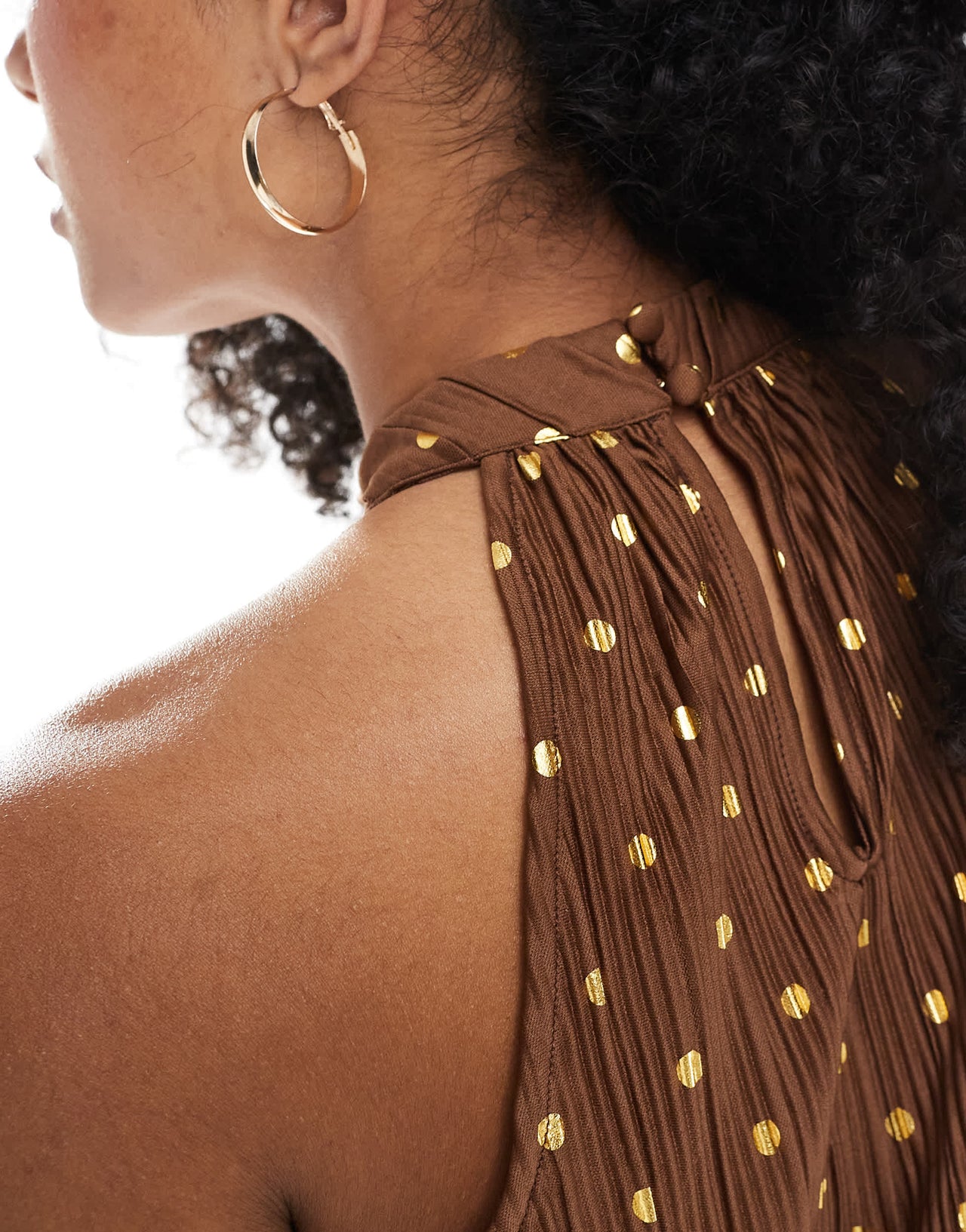 Vero Moda plisse high neck asymmetric hem top co-ord in chocolate and gold spot