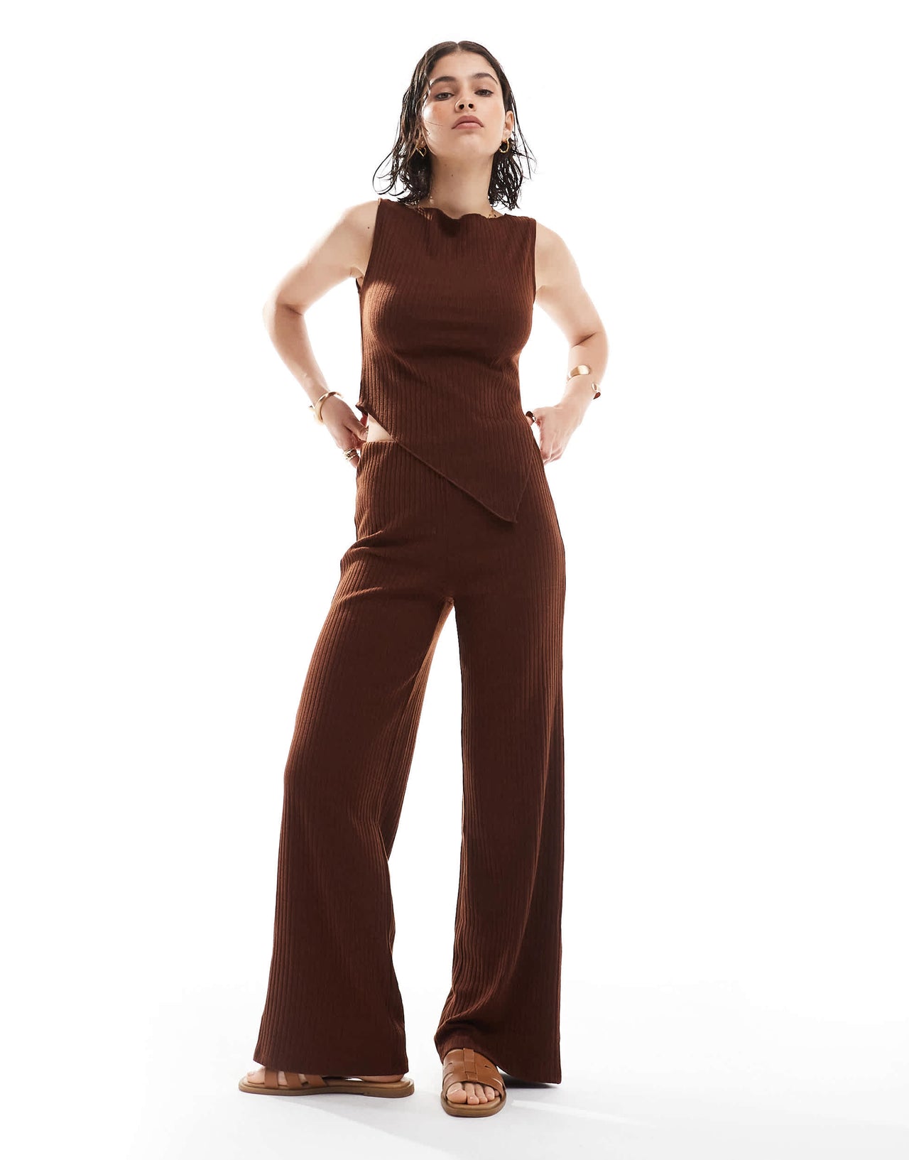 Vero Moda ribbed sleeveless asymmetic hem top co-ord in chocolate