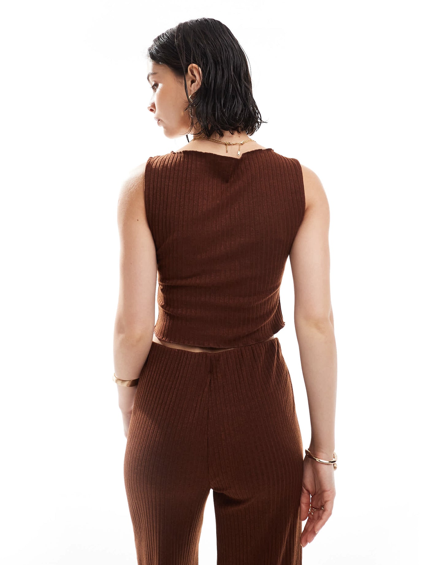 Vero Moda ribbed sleeveless asymmetic hem top co-ord in chocolate