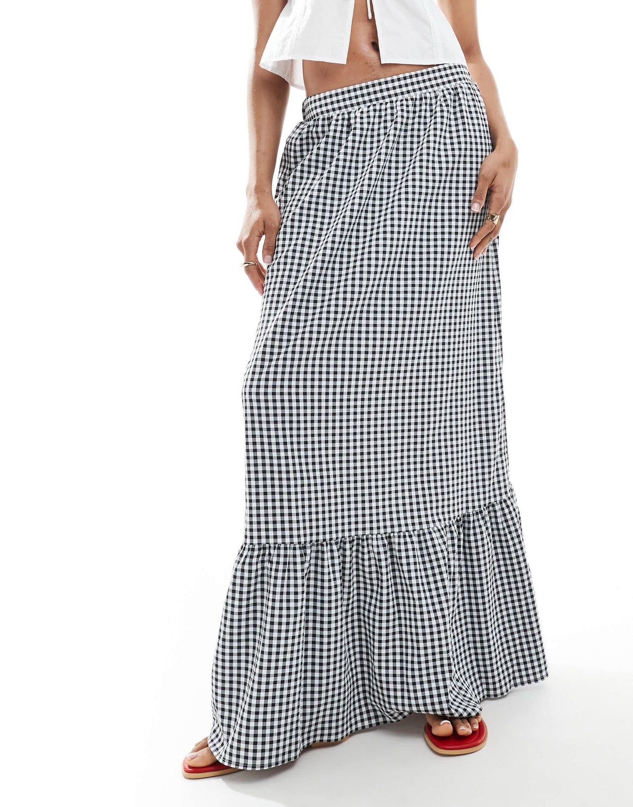 Vero Moda Tall tiered hem maxi skirt  in black gingham print