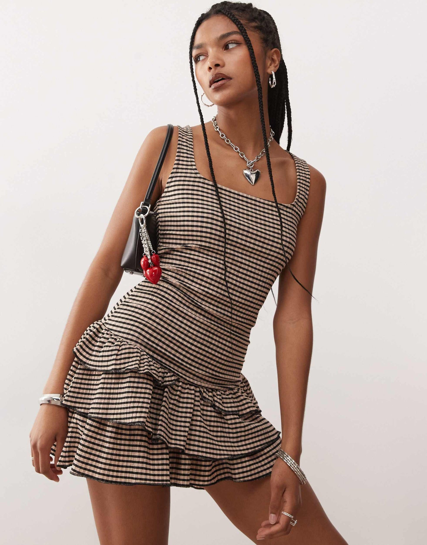 COLLUSION gingham textured square neck dress in brown