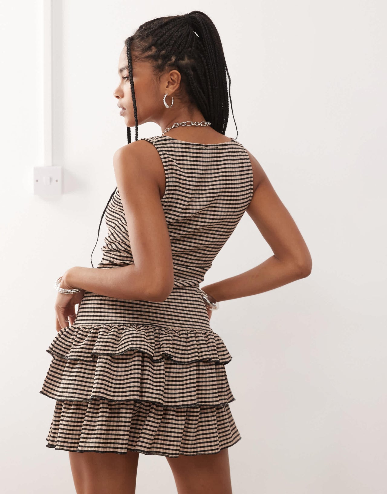 COLLUSION gingham textured square neck dress in brown