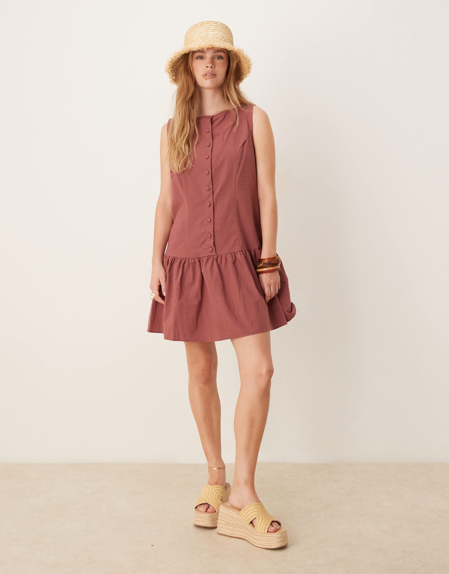 ASOS DESIGN button down dropped waist mini dress with straight neck in washed burgundy